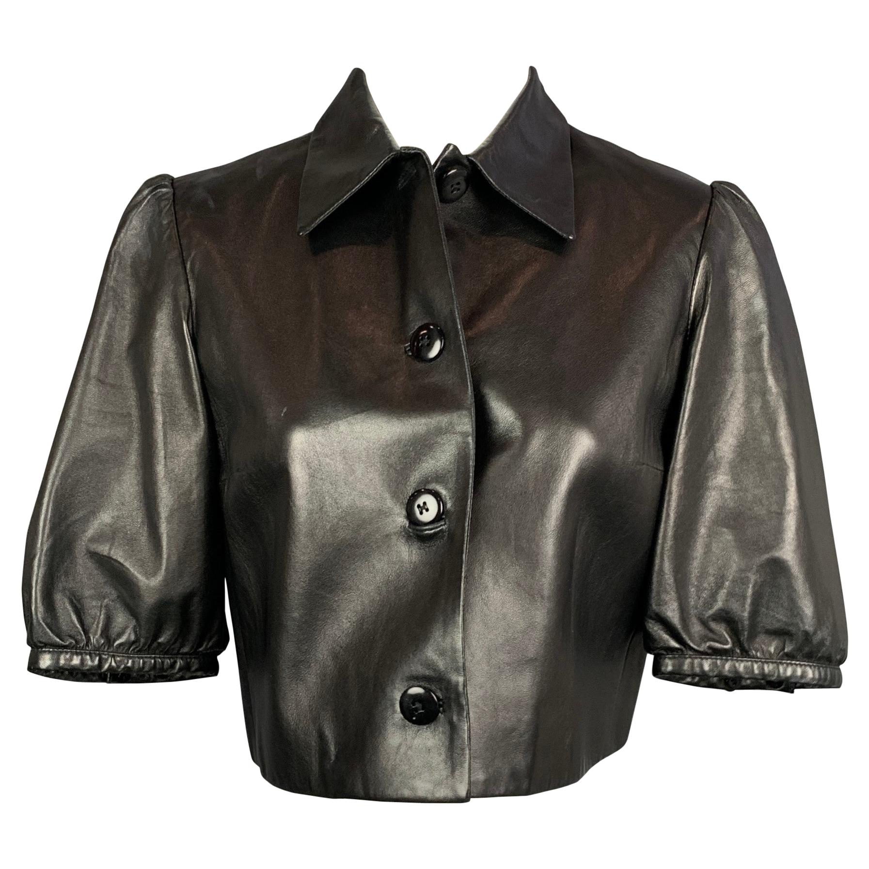 RALPH LAUREN Black Label Size 6 Black Leather Short Sleeve Buttoned Jacket