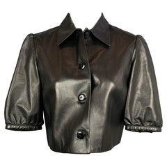 RALPH LAUREN Black Label Size 6 Black Leather Short Sleeve Buttoned Jacket