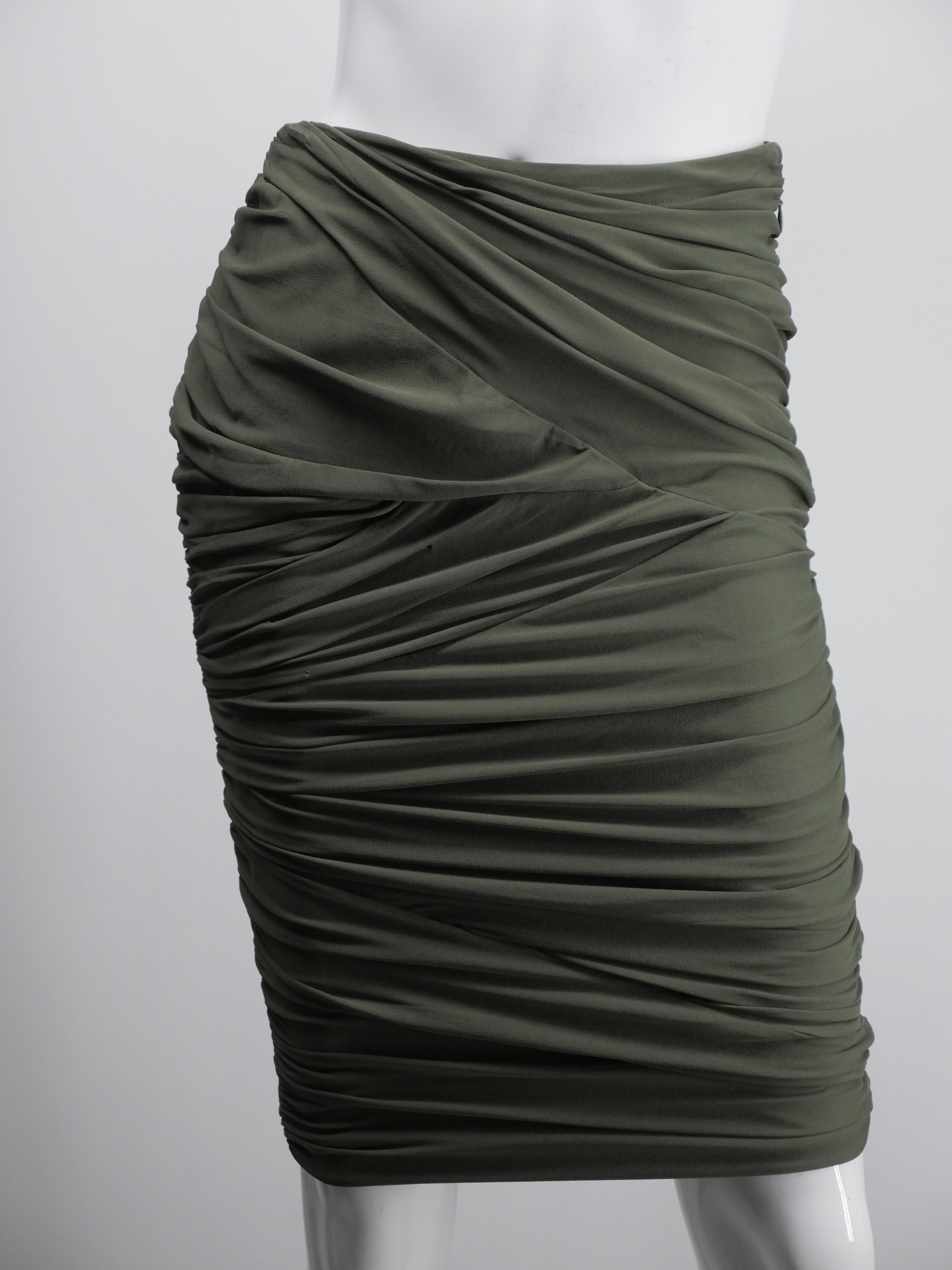 New with Tags knee length side zipper Olive Green Ruched skirt