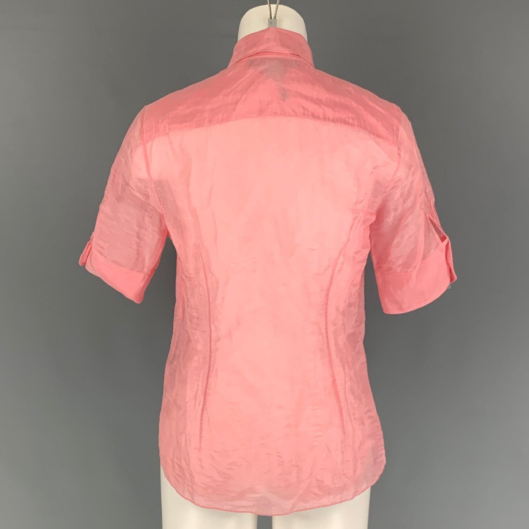 RALPH LAUREN Black Label Size 8 Pink Ruffled Short Sleeve Blouse In Good Condition For Sale In San Francisco, CA
