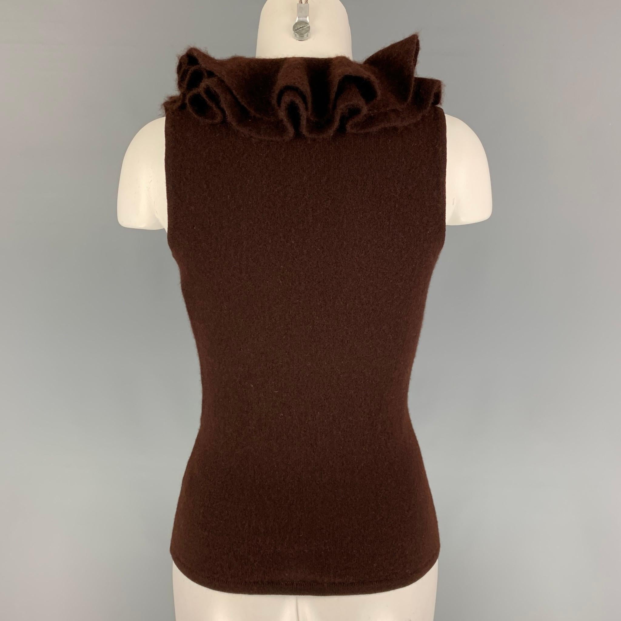 RALPH LAUREN Black Label Size M Brown Cashmere Ruffled Sleeveless Pullover In Good Condition In San Francisco, CA