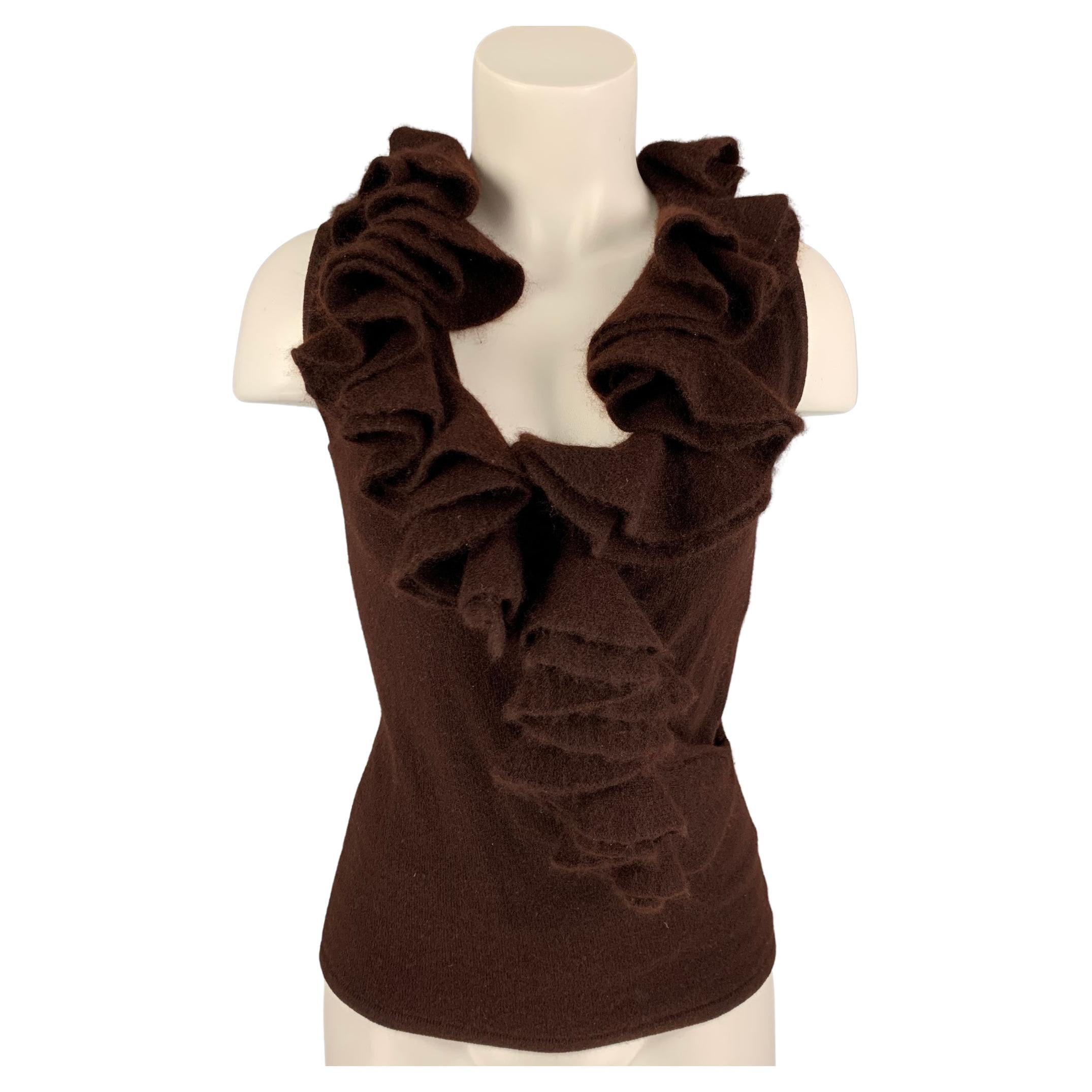 RALPH LAUREN Black Label Size M Brown Cashmere Ruffled Sleeveless Pullover