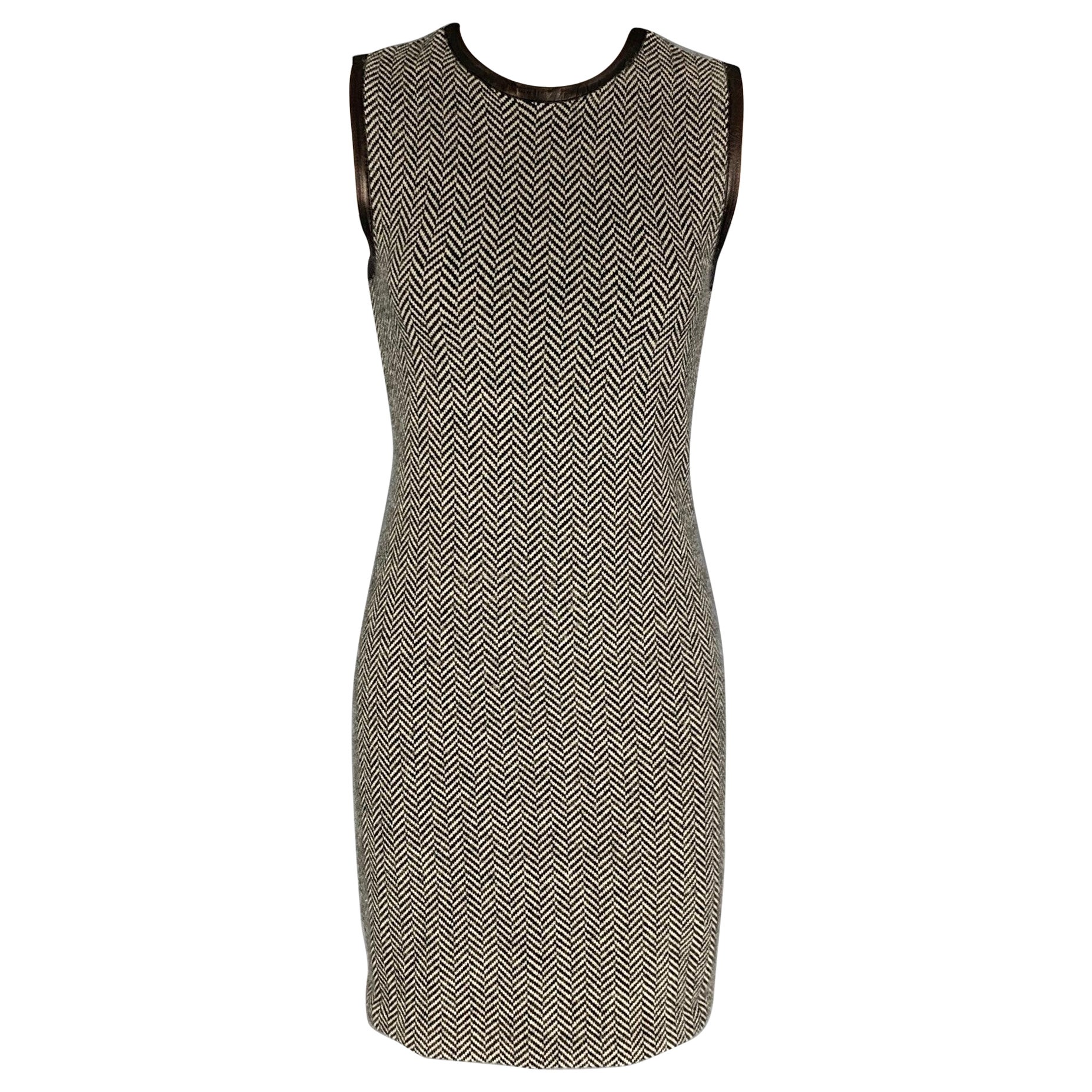 RALPH LAUREN Schwarz Label Größe M B&W ärmelloses Kleid aus Kaschmir mit Fischgrätenmuster im Angebot