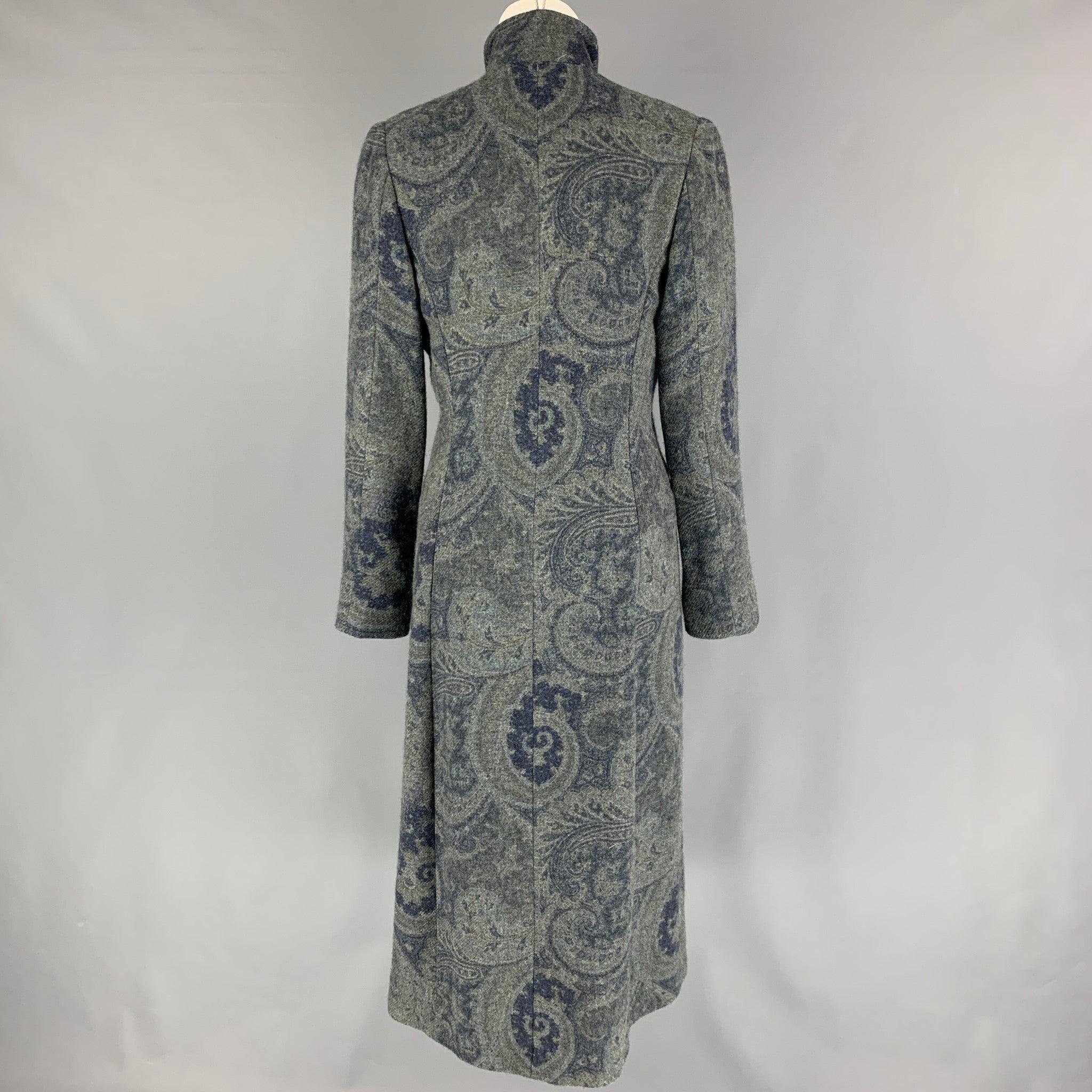 RALPH LAUREN Black Label Size M Grey Blue Wool Paisley Hidden Buttons Coat In Good Condition For Sale In San Francisco, CA