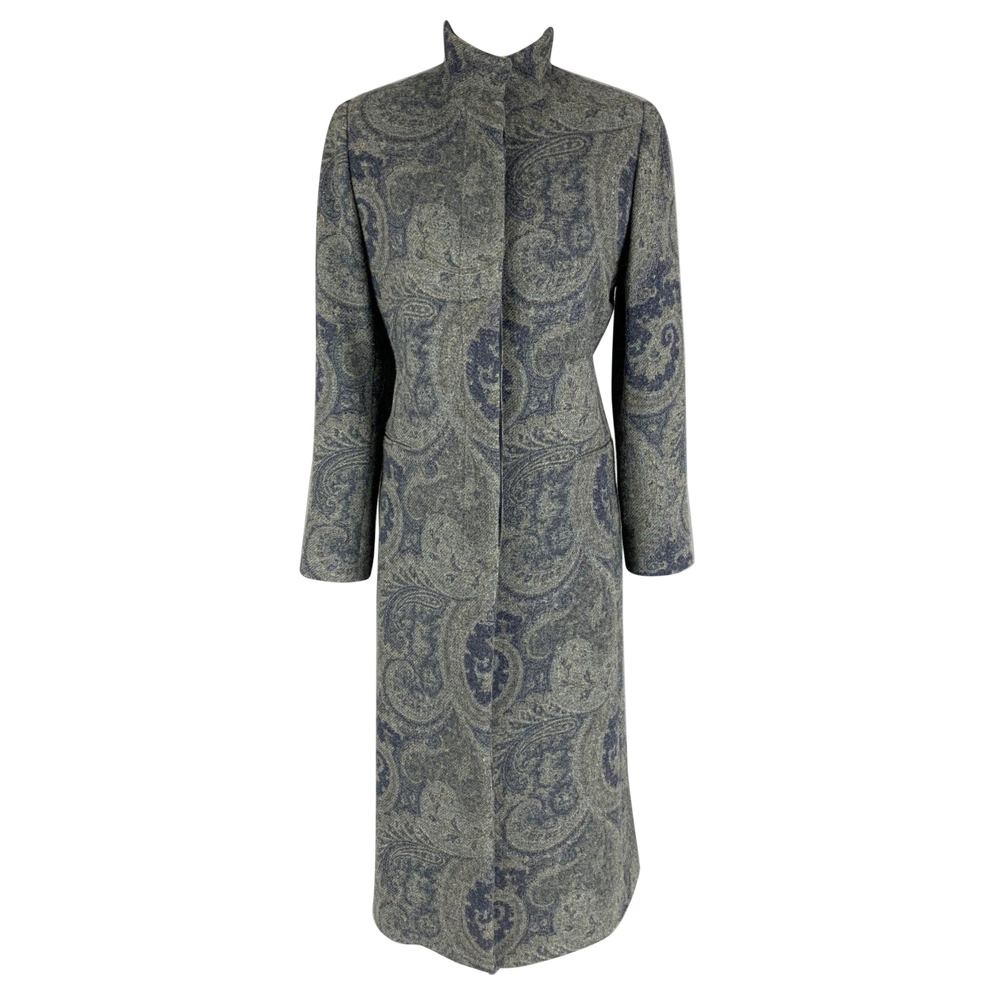 Ralph Lauren Black Label Taglia M Grigio Blu Lana Paisley Bottoni Nascosti Cappotto