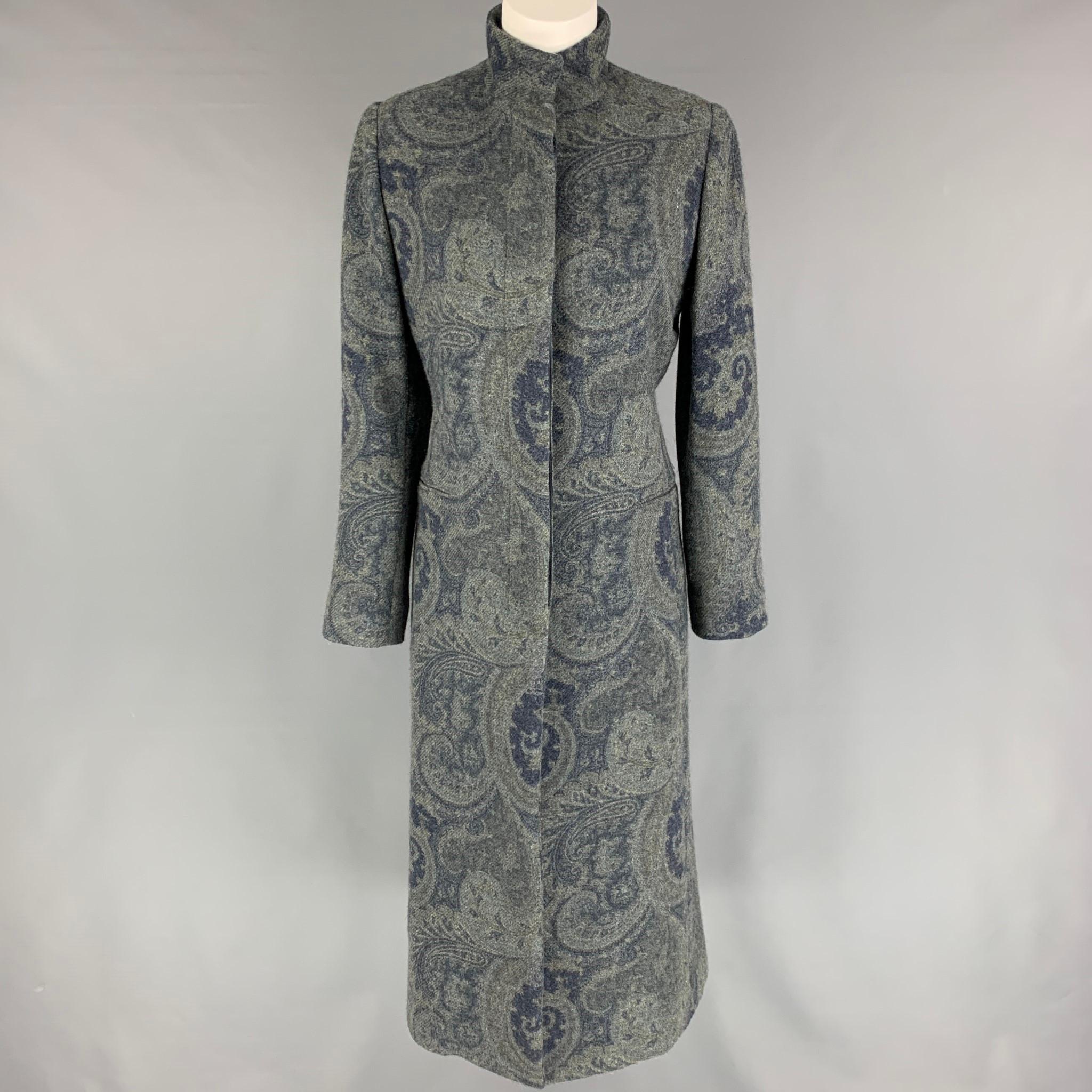 RALPH LAUREN Black Label Size M Grey Blue Wool Paisley Hidden Buttons Coat