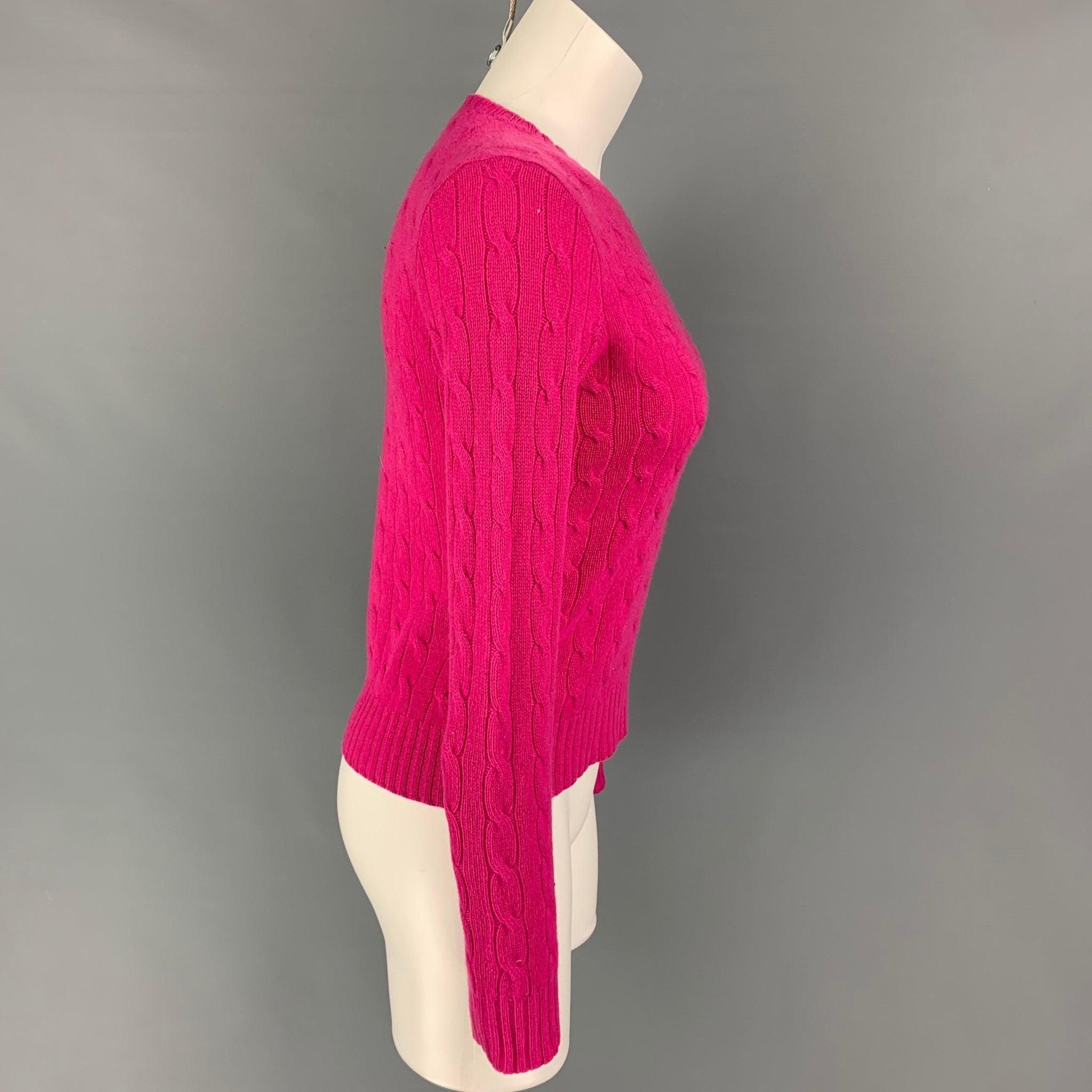 RALPH LAUREN 'Black Label' sweater comes in a raspberry cashmere featuring a crew-neck.
Very Good Pre-Owned Condition. Logo tag removed.  

Marked:   Size tag removed.  

Measurements: 
 
Shoulder: 16.5 inches  Bust:
33 inches  Sleeve: 26 inches 