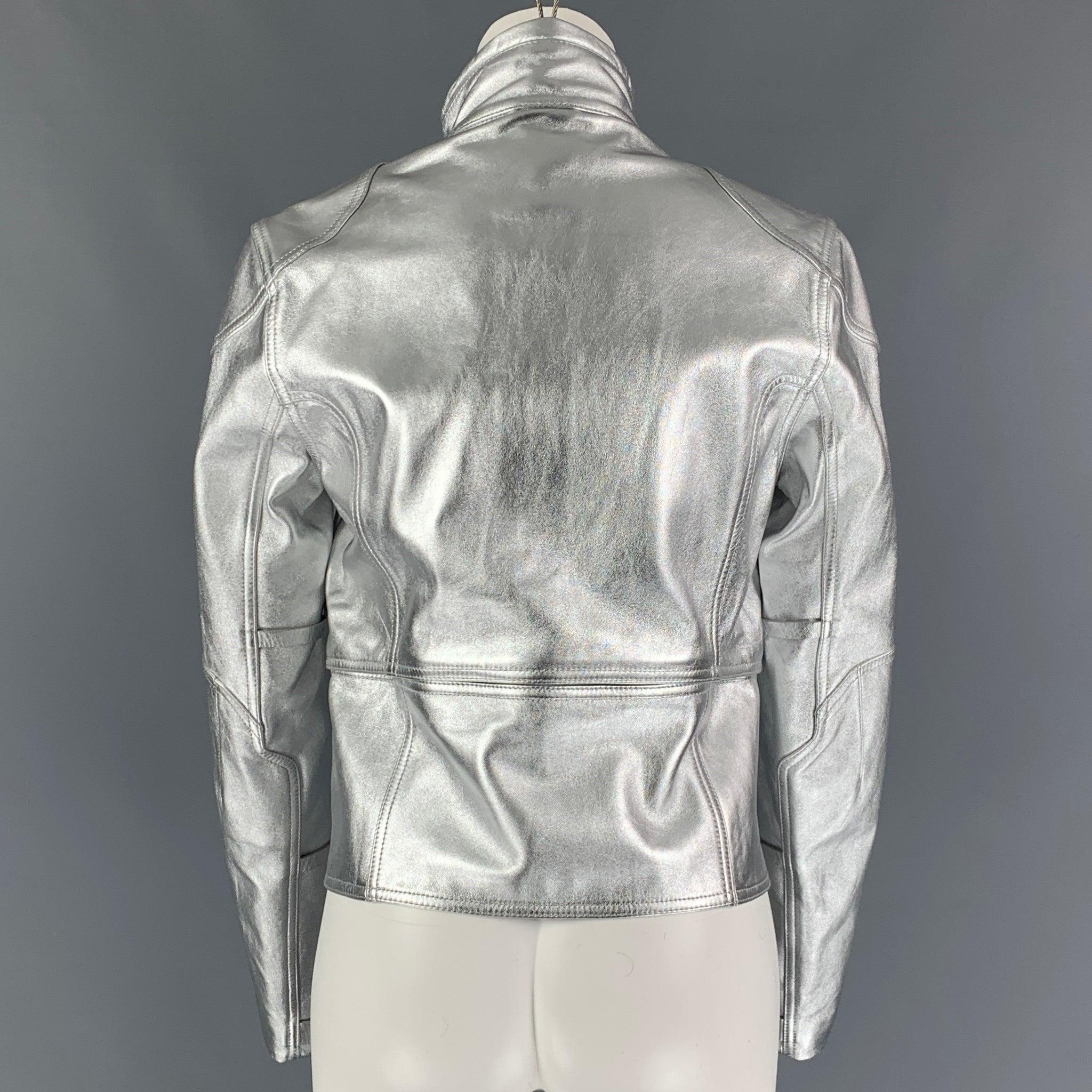 RALPH LAUREN Schwarz Label Größe M Silberne Lederjacke aus Metallic-Lammfell (Grau)