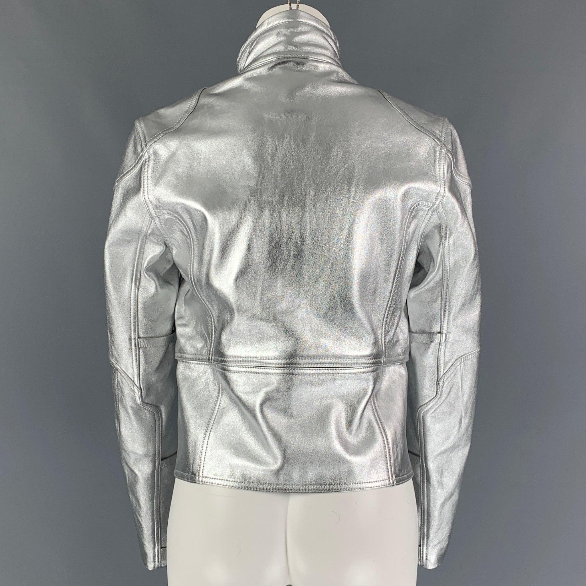 RALPH LAUREN Black Label Size M Silver Leather Metallic Lambskin Jacket In Good Condition For Sale In San Francisco, CA