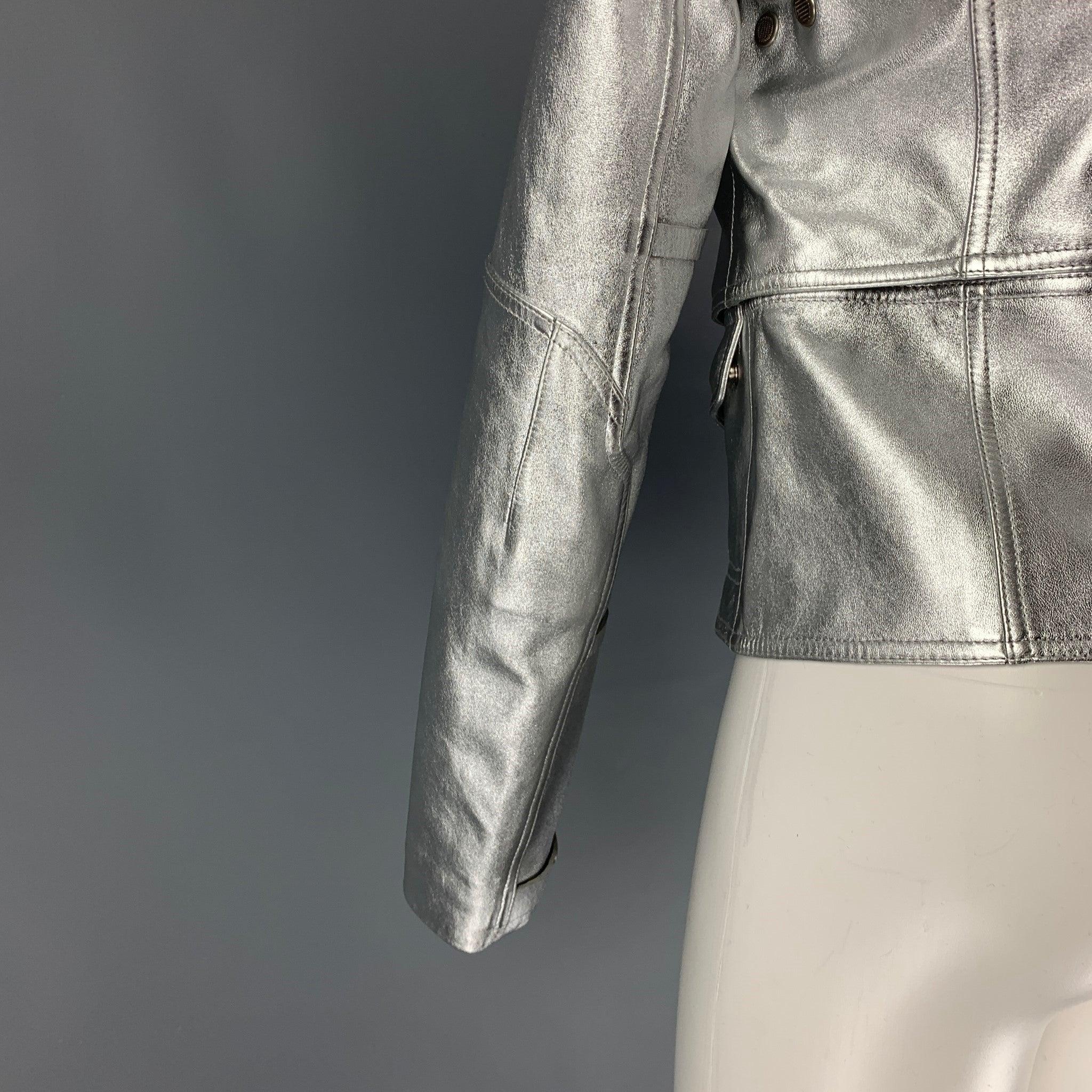 Women's RALPH LAUREN Black Label Size M Silver Leather Metallic Lambskin Jacket For Sale