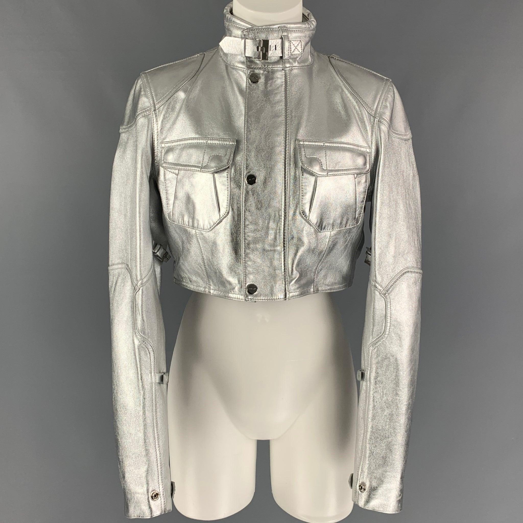 RALPH LAUREN Schwarz Label Größe M Silberne Lederjacke aus Metallic-Lammfell Damen