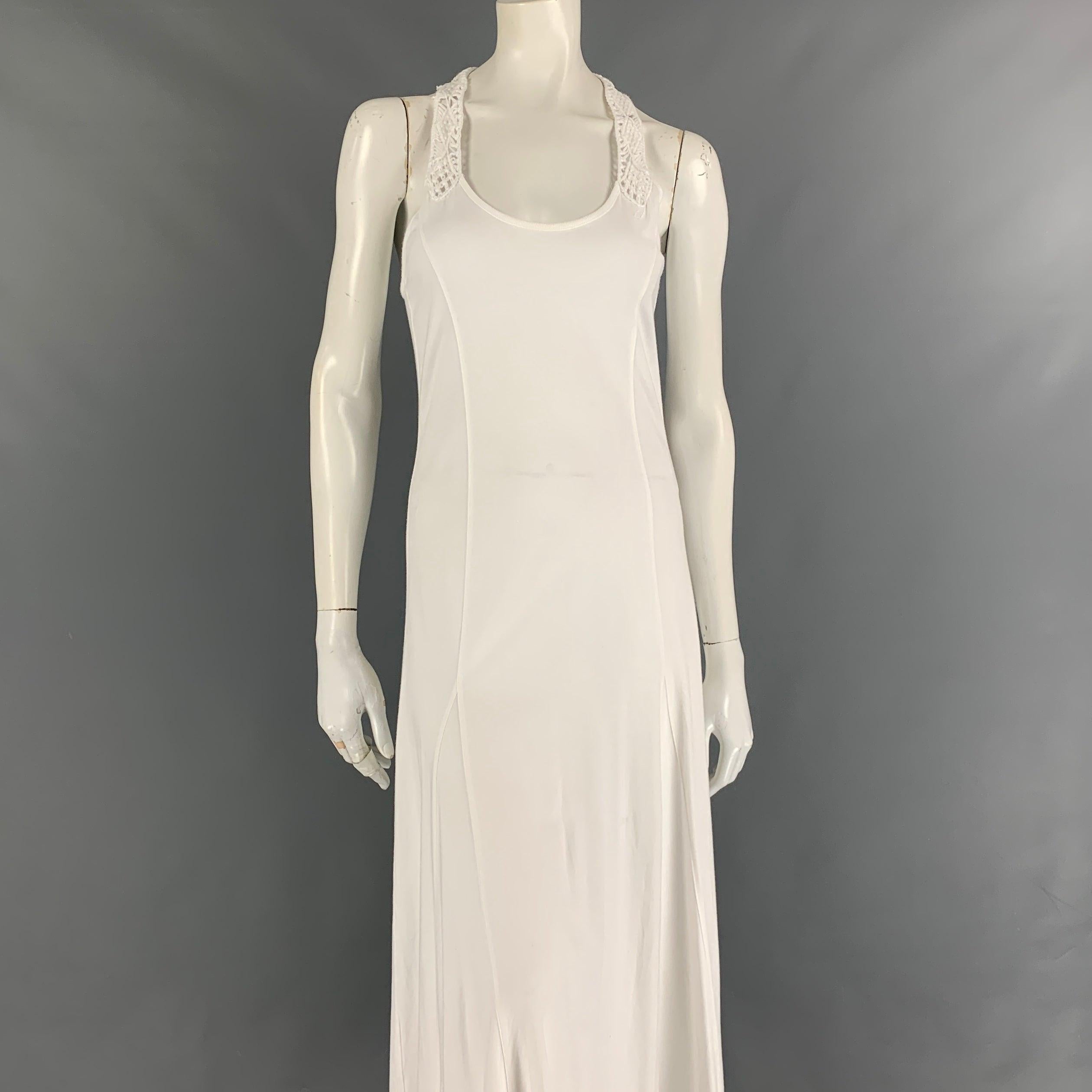 RALPH LAUREN 'Black Label' dress comes in a white cotton featuring a sleeveless style and a crochet racerback.
Very Good
Pre-Owned Condition. 

Marked:   M 

Measurements: 
  Bust: 28 inches  Hip: 32 inches  Length: 58 inches 

  
  
 
Reference: