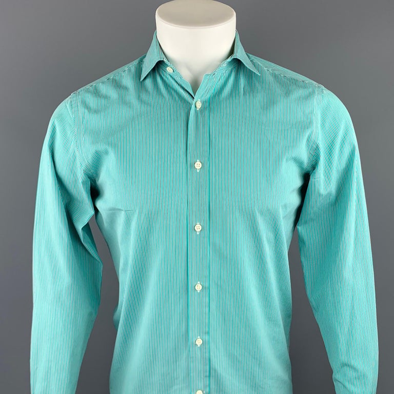 RALPH LAUREN Black Label Size S Teal Stripe Cotton Button Up Long