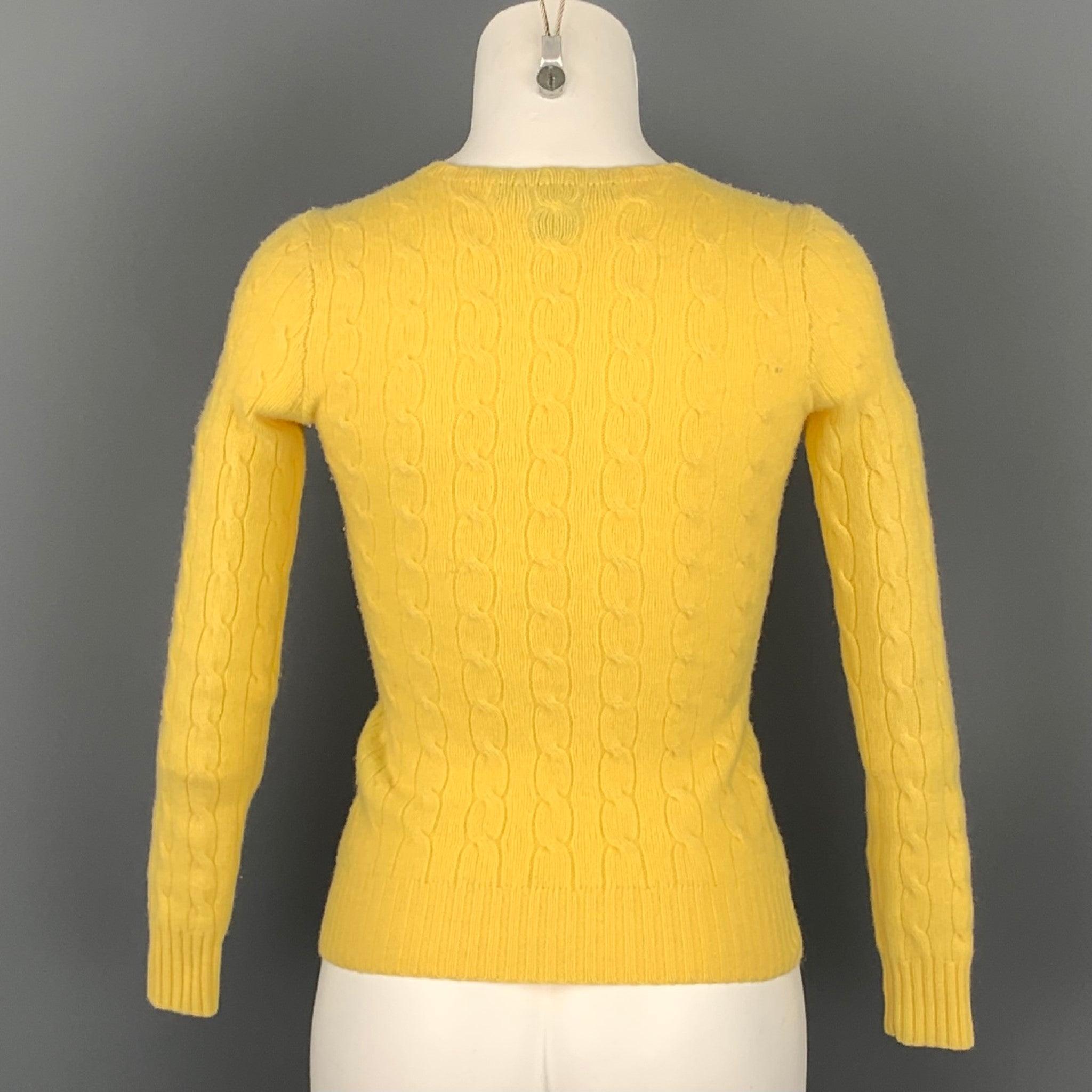 RALPH LAUREN Black Label Size S Yellow Cashmere Cable Knit Sweater In Good Condition For Sale In San Francisco, CA