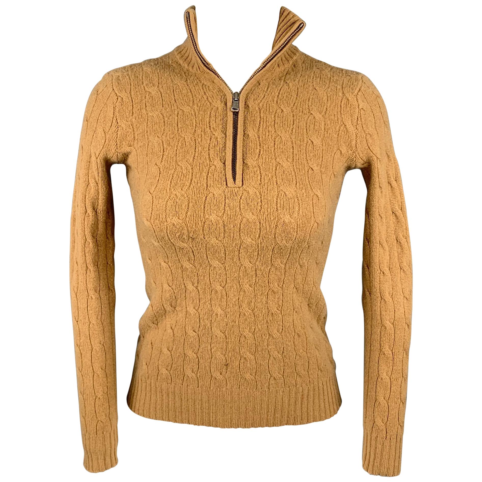 RALPH LAUREN Black Label Size XS Camel Cable Knit Cashmere Half Zip Sweater  For Sale at 1stDibs