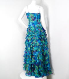 Ralph Lauren Black Label Turquoise Abstract Floral Print Ruffled Gown