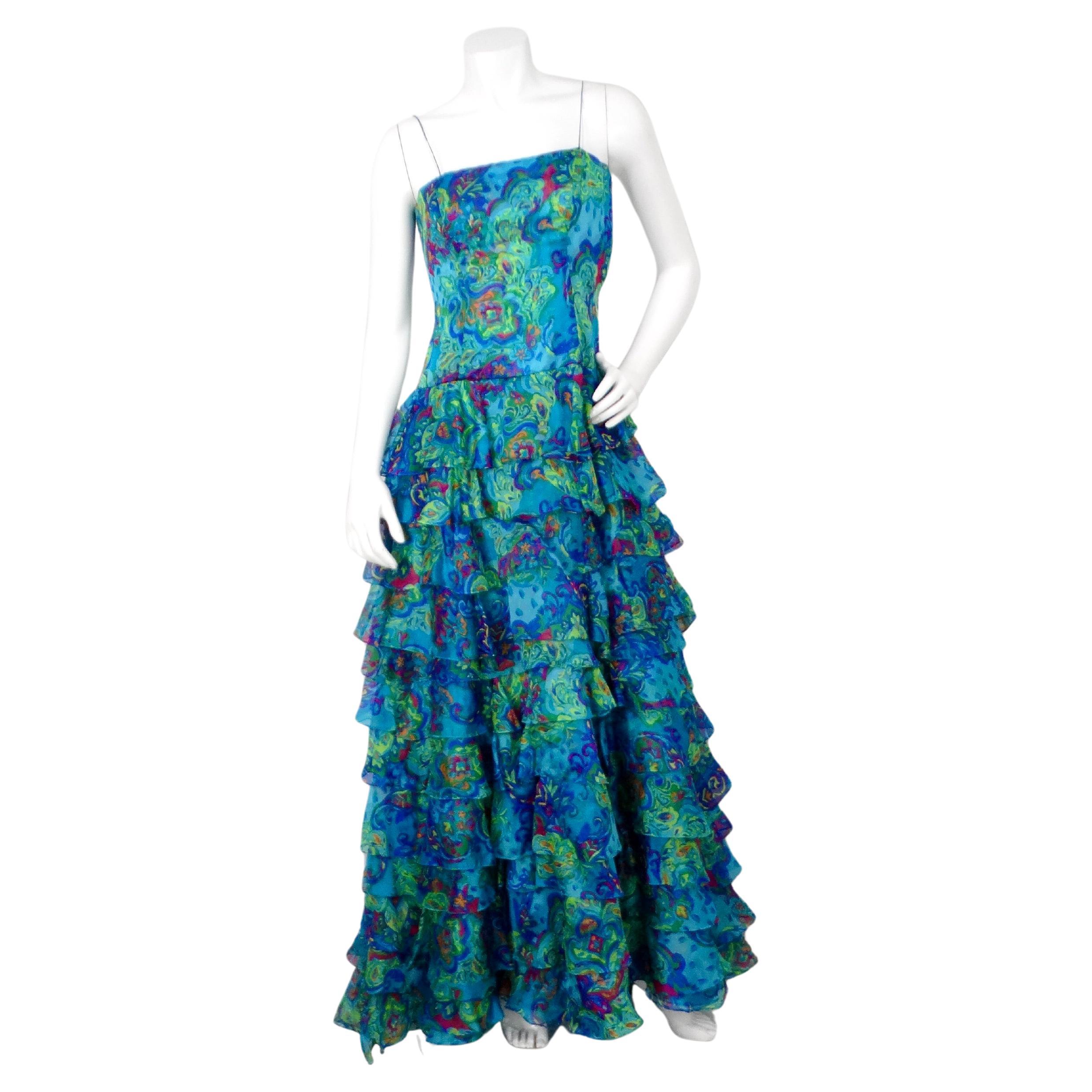 Ralph Lauren Black Label - Abito turchese con stampa floreale astratta e volant in vendita
