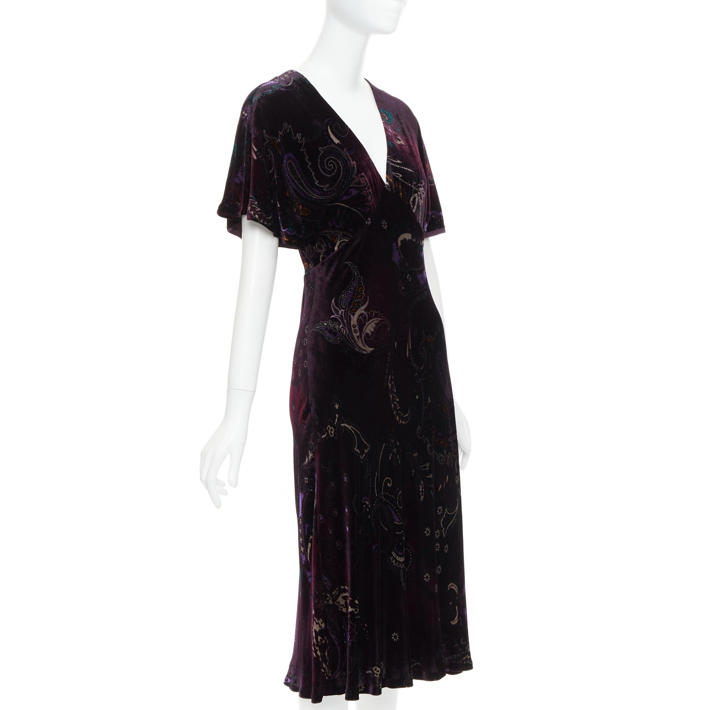 RALPH LAUREN Black Label Vintage purple velvet paisley floral print dress US8 L In Excellent Condition For Sale In Hong Kong, NT