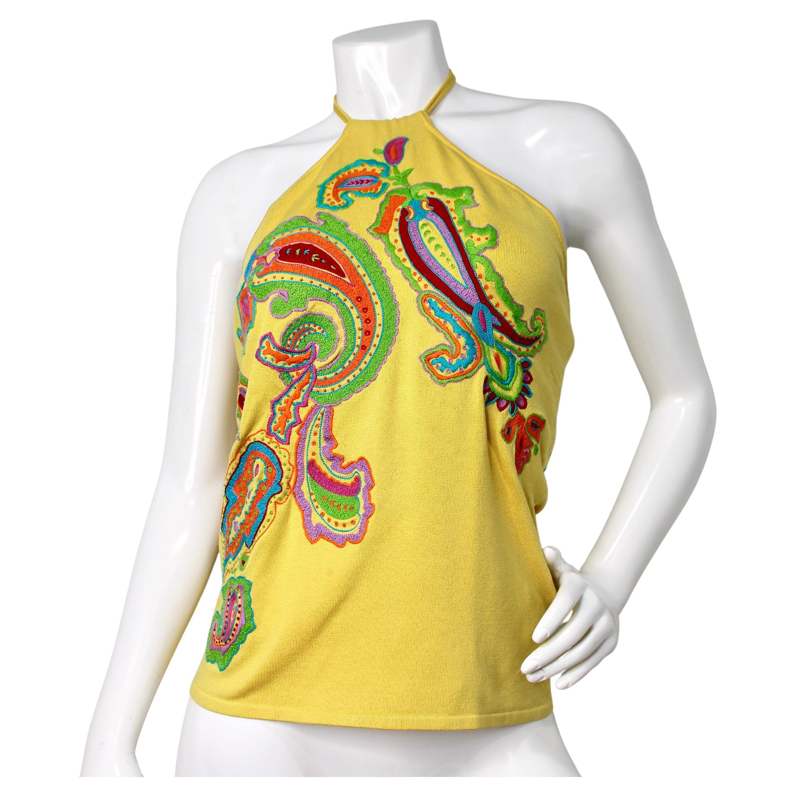 Ralph Lauren Black Label Yellow Paisley Embroidered Halter Top For Sale