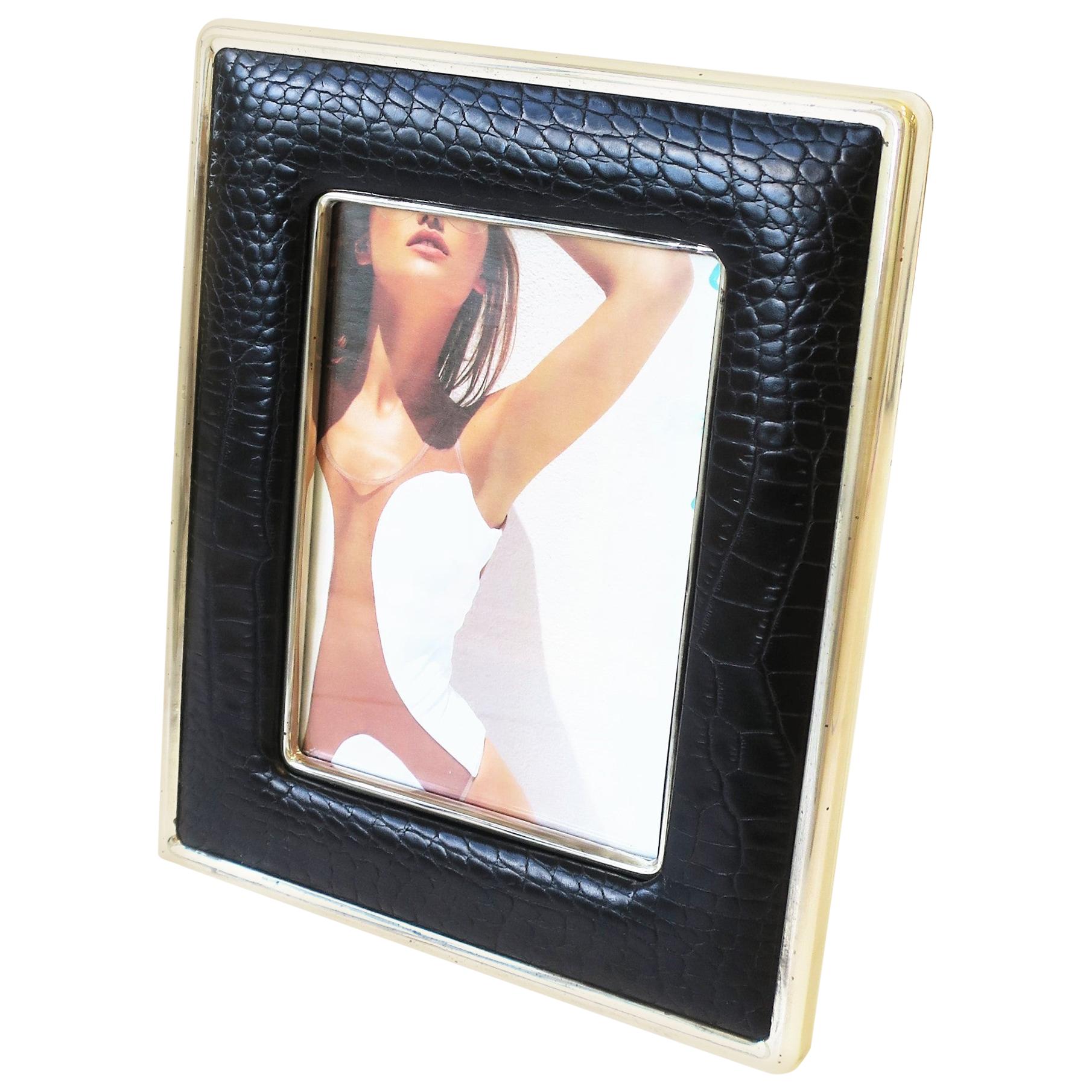 Ralph Lauren Black Leather and Sterling Silver Plate Picture Frame