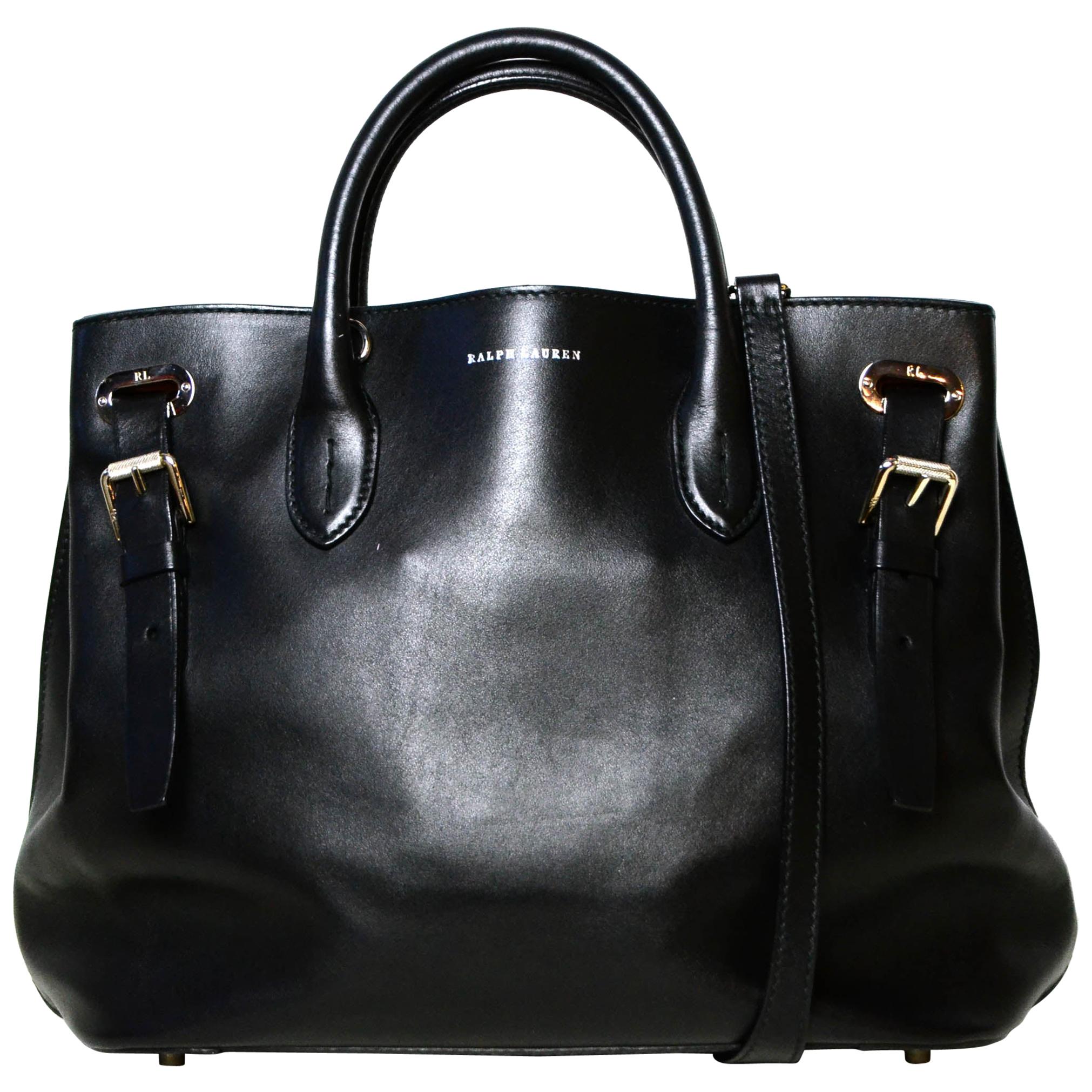 Ralph Lauren Black Leather Buckle Tote Bag W/ Strap