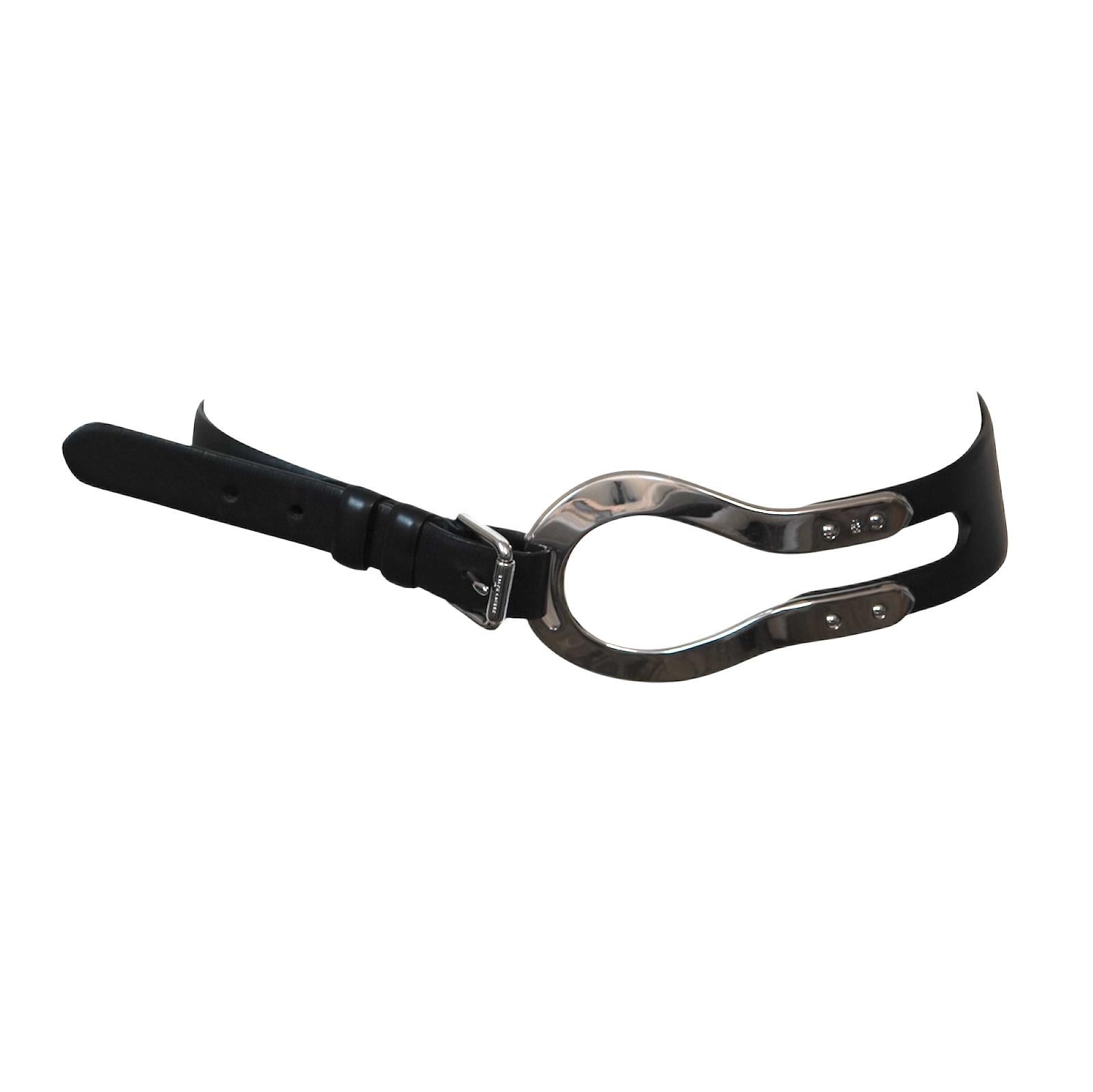Ralph Lauren Black Leather Equestrian Horseshoe Buckle Belt For Sale