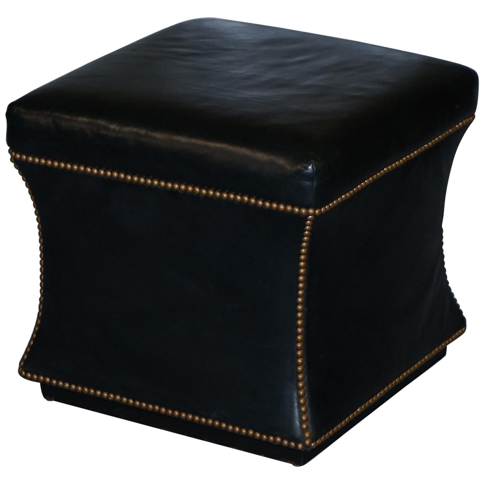 Ralph Lauren Black Leather Florence Ottoman in the Style of Victorian Footstools