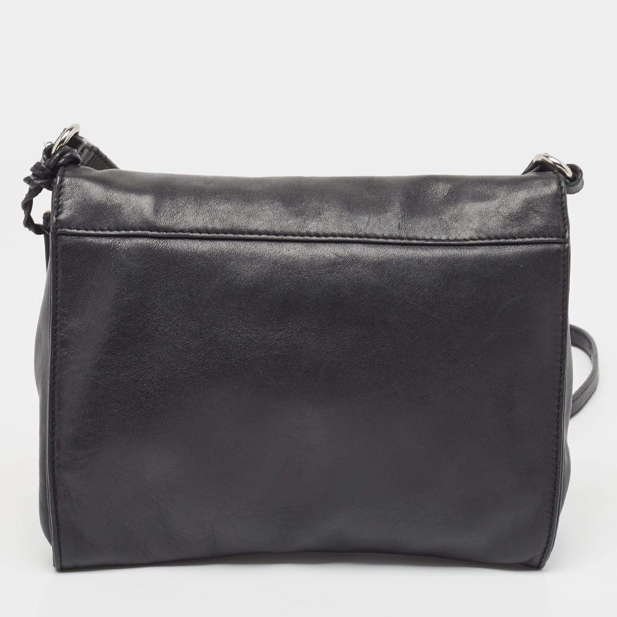 Women's Ralph Lauren Black Leather Logo Embossed Flap Messenger Bag