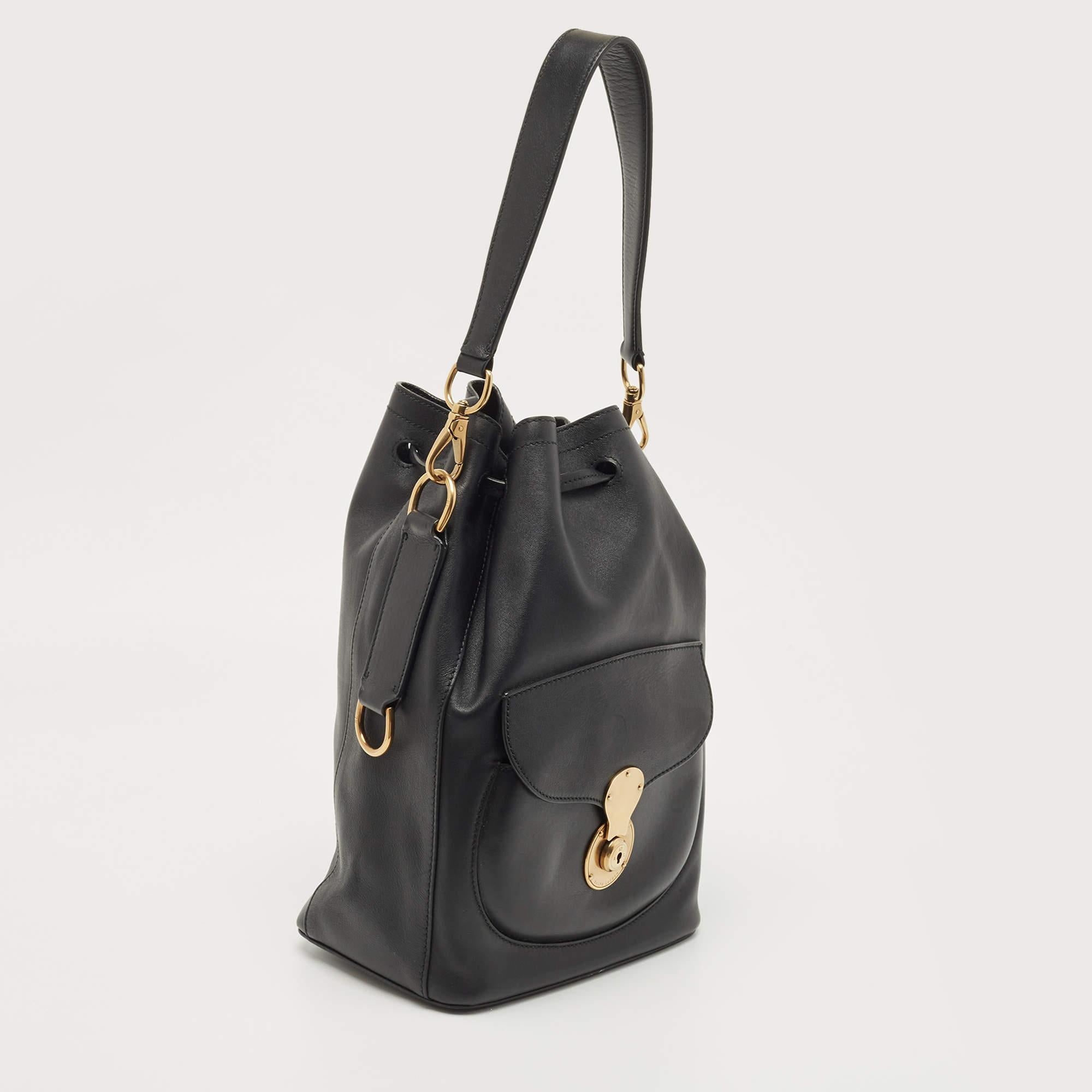 Women's Ralph Lauren Black Leather Ricky Drawstring Bucket Bag For Sale