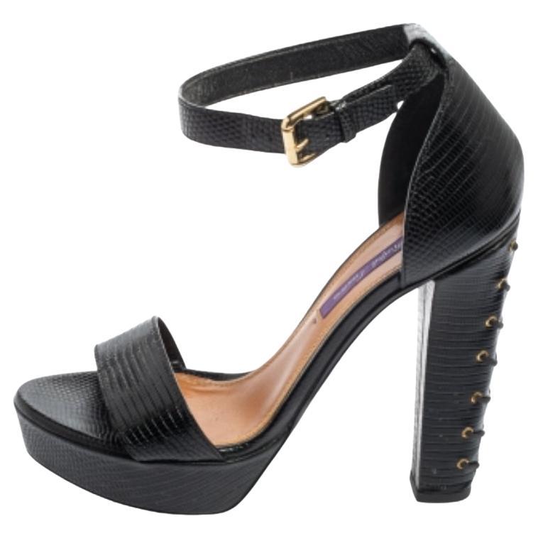Ralph Lauren Schwarzer Knöchelriemen aus Leder mit Eidechsenprägung  Sandalen Größe 37