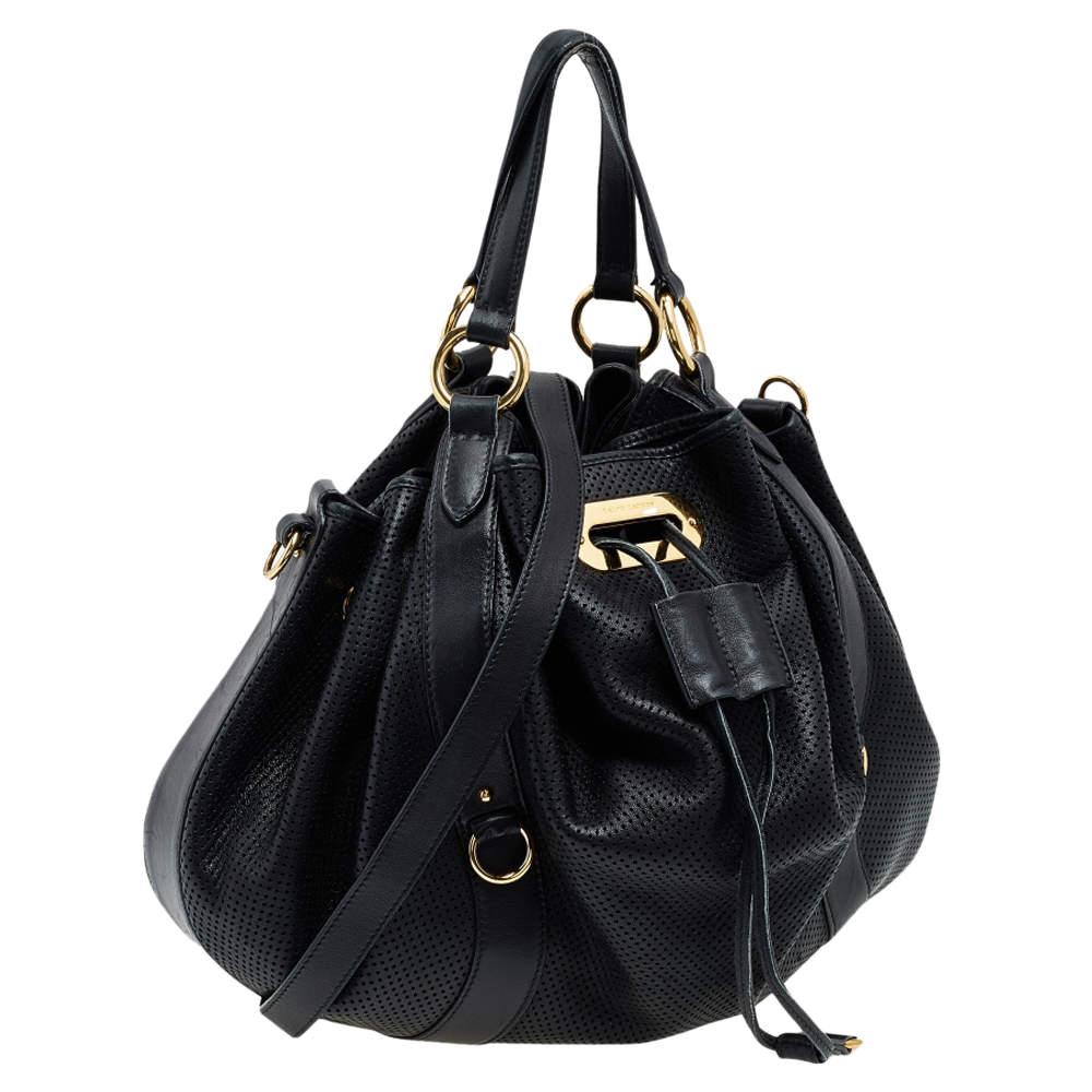Women's Ralph Lauren Black Perforated Leather Drawstring Hobo For Sale
