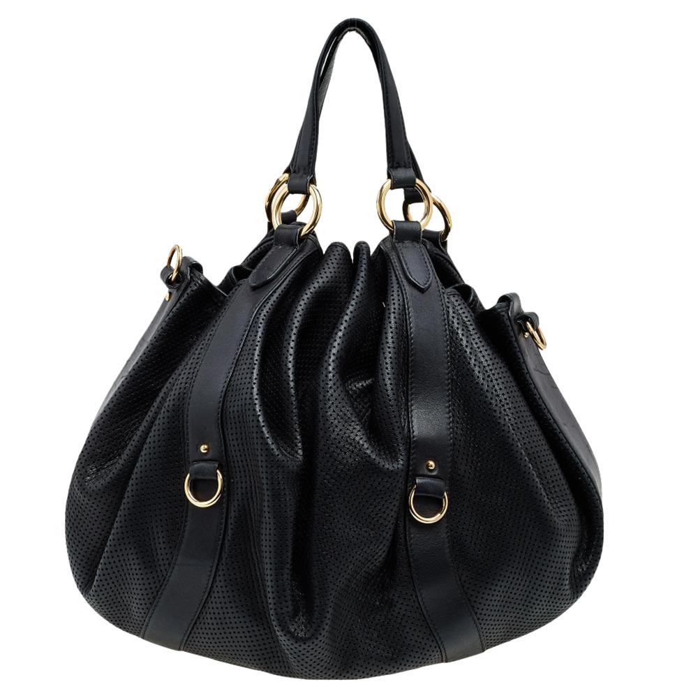 Ralph Lauren Black Perforated Leather Drawstring Hobo For Sale 1