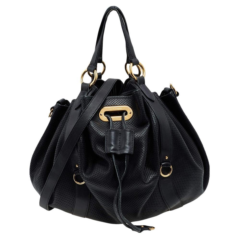 Ralph Lauren Black Perforated Leather Drawstring Hobo For Sale