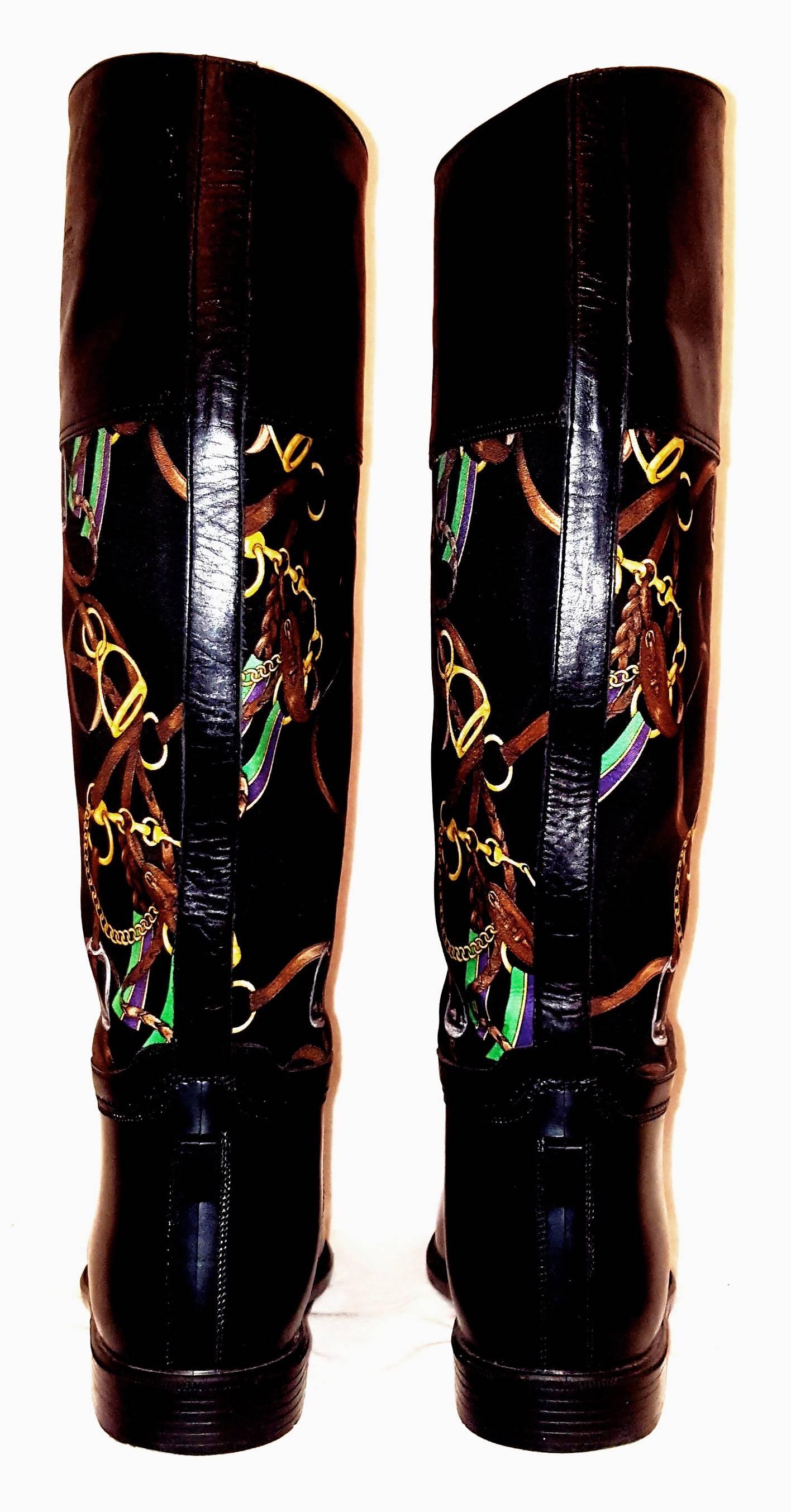 Ralph Lauren Black Riding Boots with Equestrian Theme Fabric Inserts In Excellent Condition For Sale In Palm Beach, FL