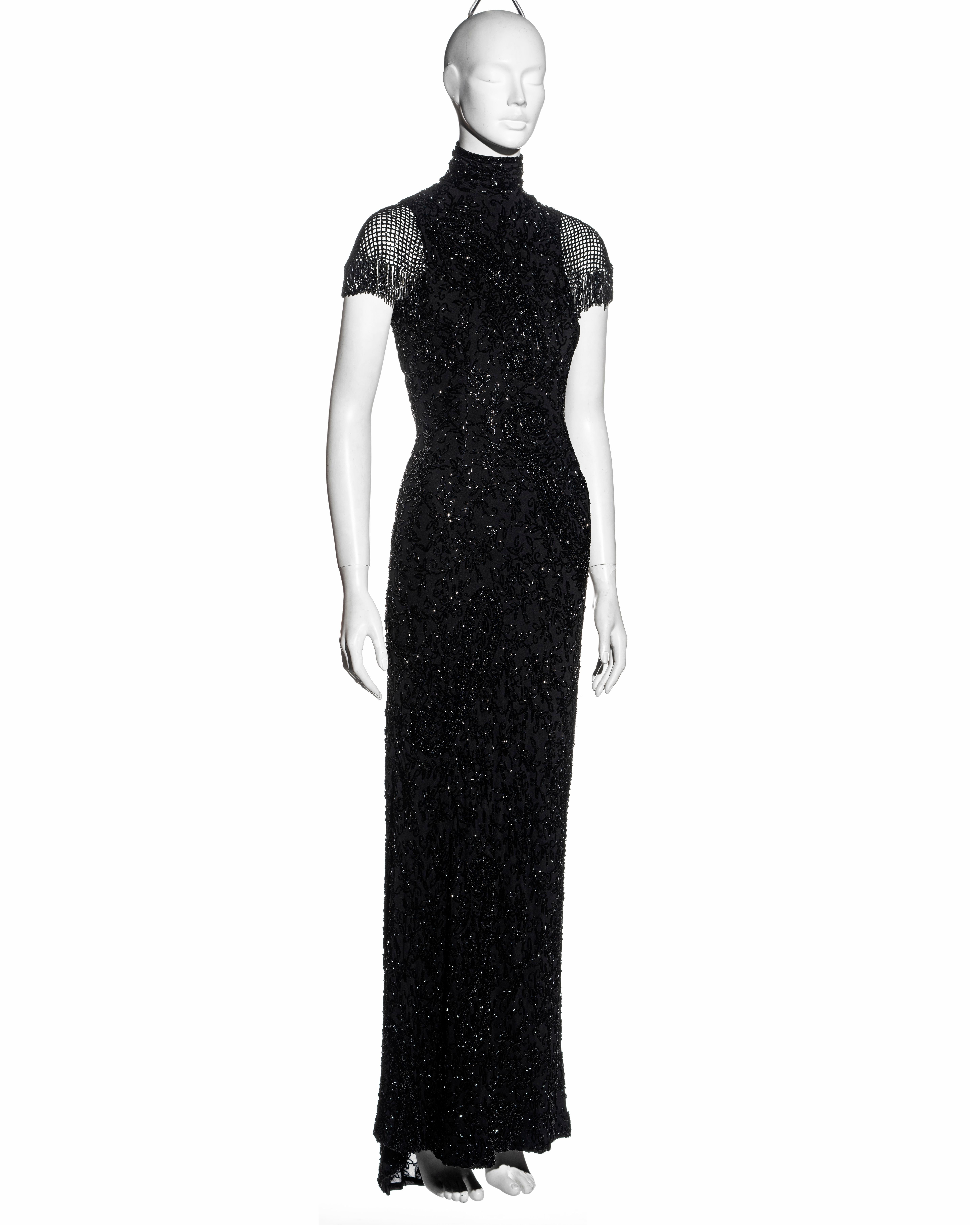 Black Ralph Lauren black silk beaded evening dress with open back, fw 2002 For Sale