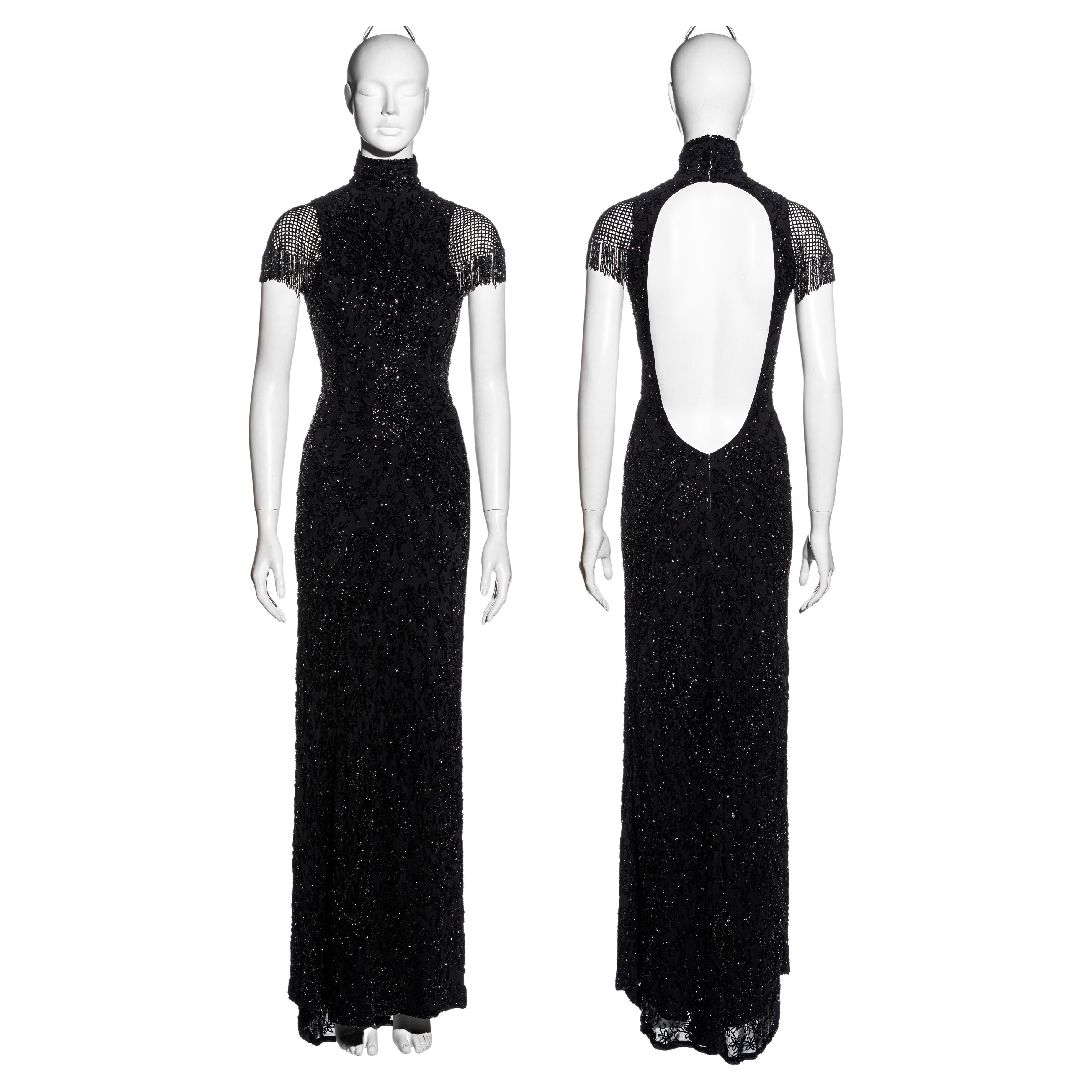 Schwarzes perlenbesetztes Abendkleid von Ralph Lauren aus Seide mit offenem Rücken, fw 2002 im Angebot
