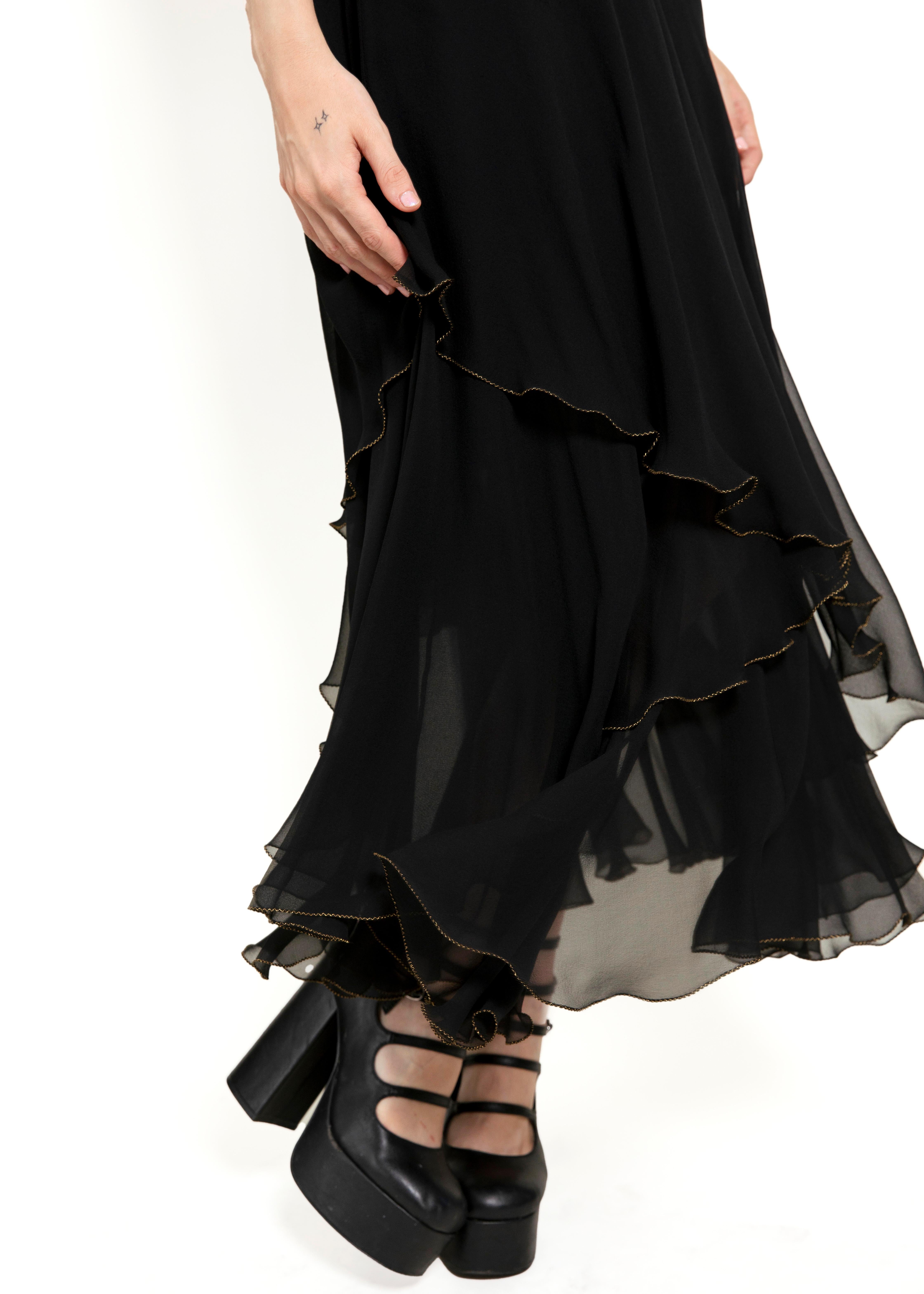 Ralph Lauren Black Silk Chiffon Dress With Gold Braided Straps For Sale 3