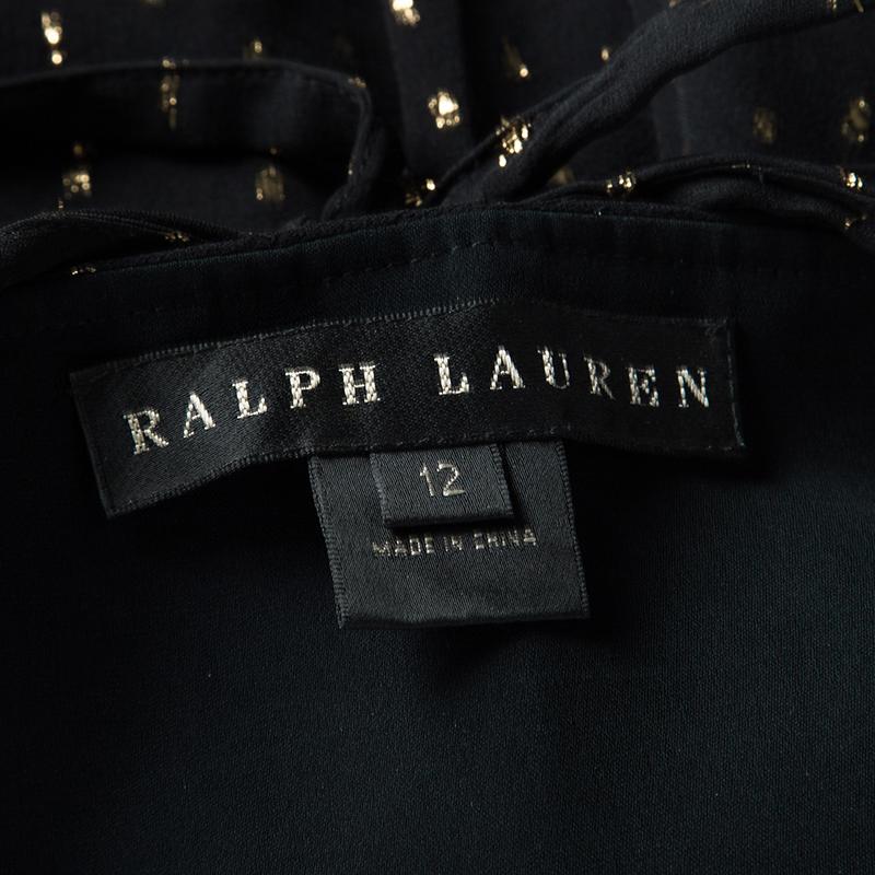 Women's Ralph Lauren Black Silk Clip Dot Ruched Detail Strapless Dress L