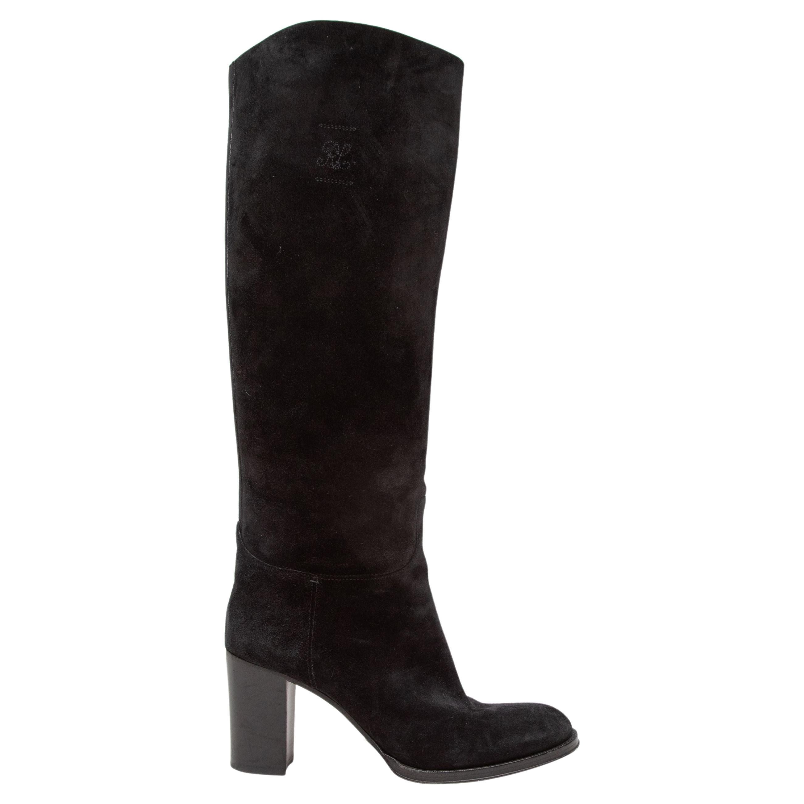 Ralph Lauren Black Suede Knee-High Heeled Boots For Sale at 1stDibs
