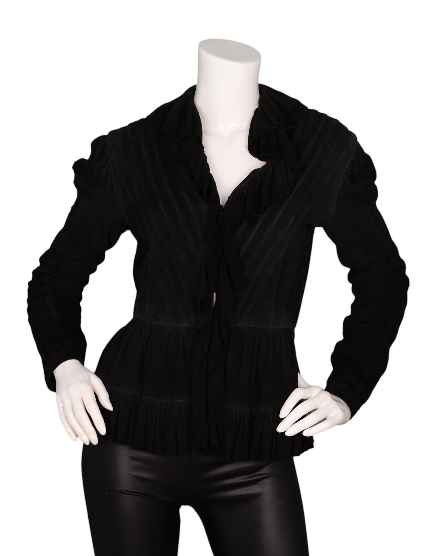 Ralph Lauren Black Suede Ruffle Jacket Sz 4

Made In: USA
Color: Black
Materials: 100% deerskin
Opening/Closure: Buttons at front
Overall Condition: Very good pre-owned condition with excpetion of some fading at seams

Measurements: 
Shoulder To