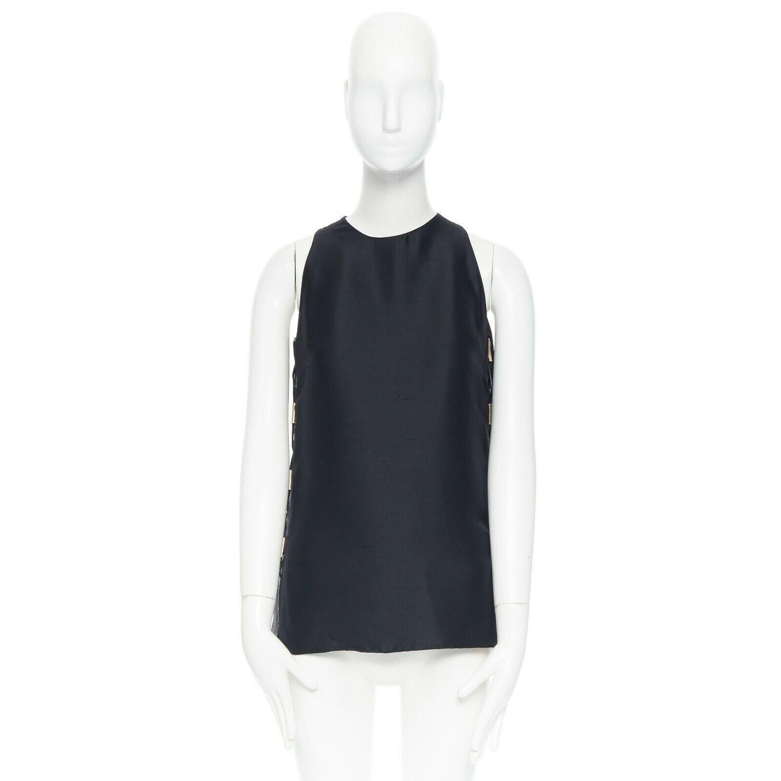 RALPH LAUREN black textured chiffon panel copper pipe leather lacing top US2 
Reference: LNKO/A01141 
Brand: Ralph Lauren 
Material: Cotton 
Color: Black 
Pattern: Solid 
Extra Detail: Textured sleeveless top. Chiffon panels at sides. Leather ropes