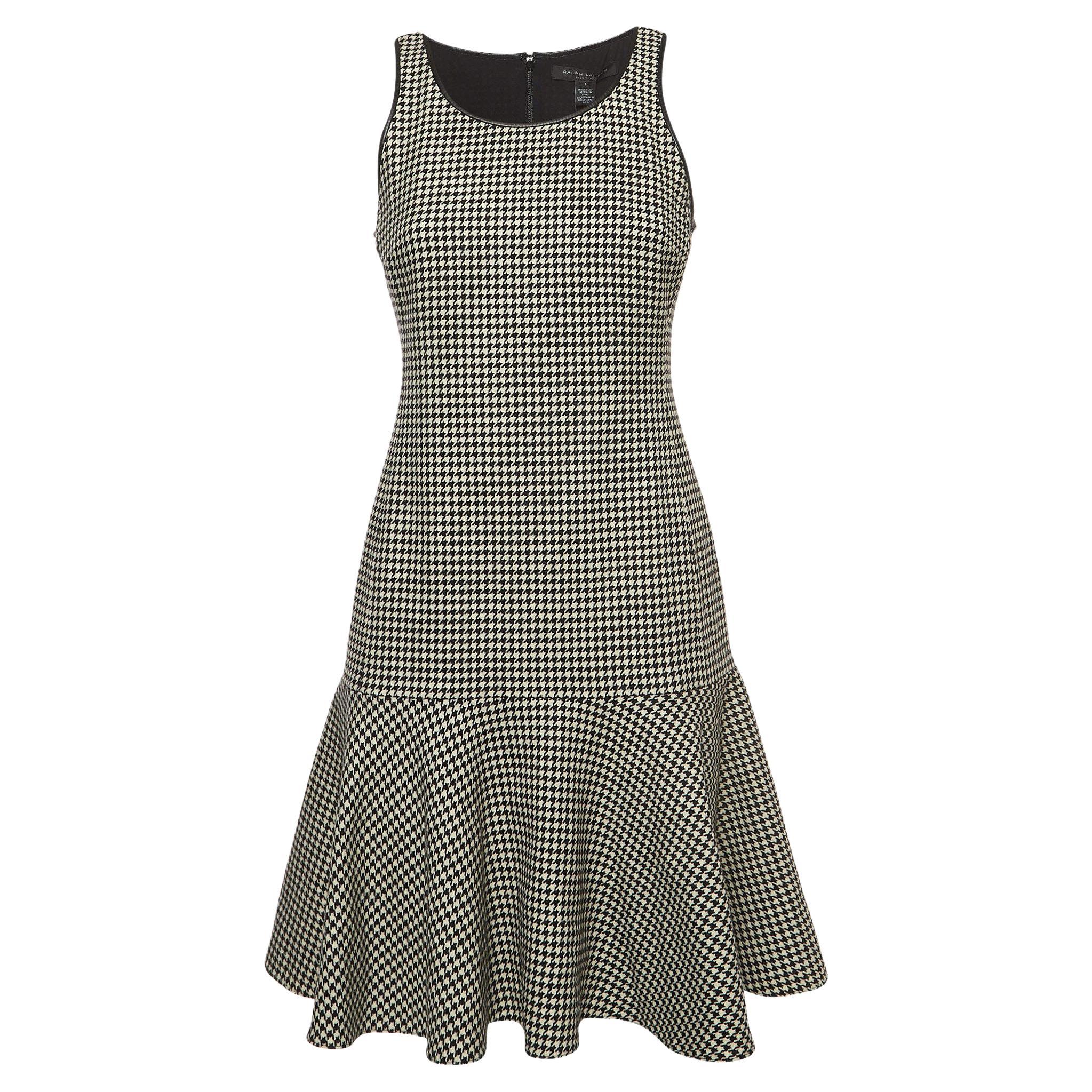Ralph Lauren Black/White Houndstooth Patterned Wool Short Dress S For Sale