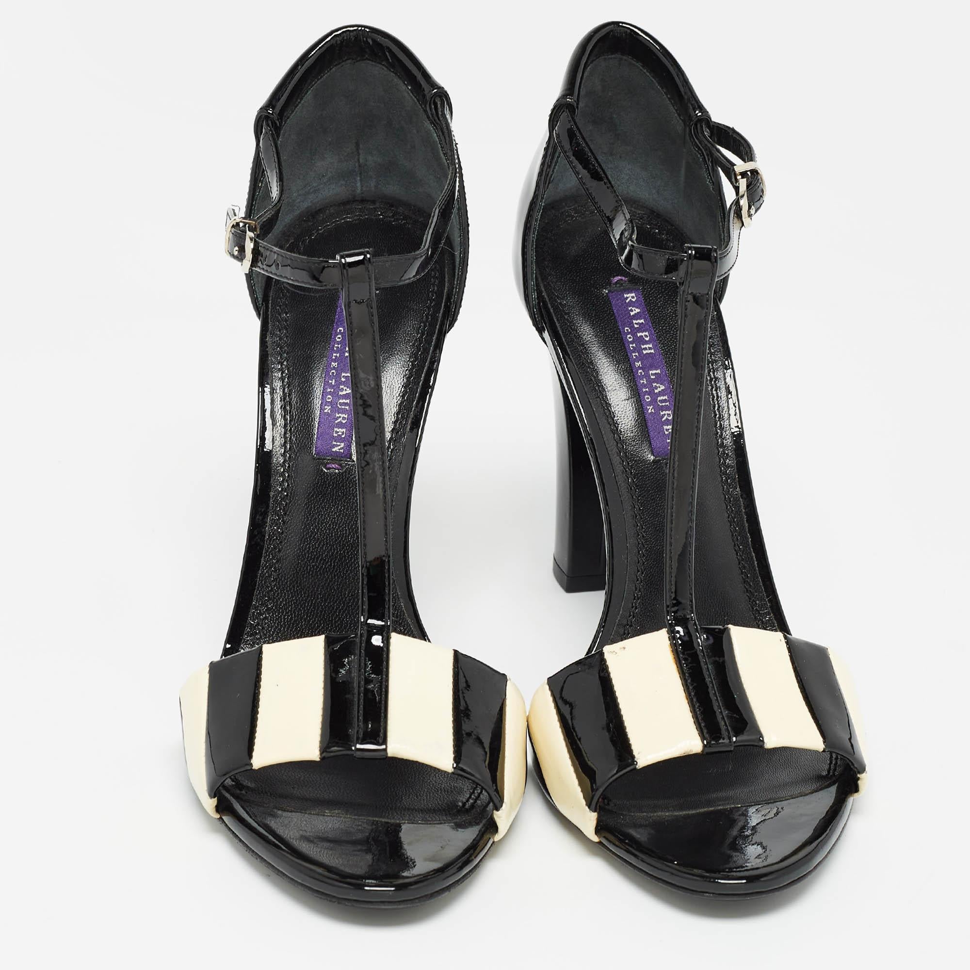 Nero Ralph Lauren Sandali con cinturino a T in pelle verniciata bianca/nera taglia 40 in vendita