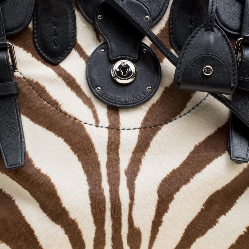 Ralph Lauren Black Zebra Print Pony Hair and Leather Ricky Tote In Excellent Condition In Dubai, Al Qouz 2