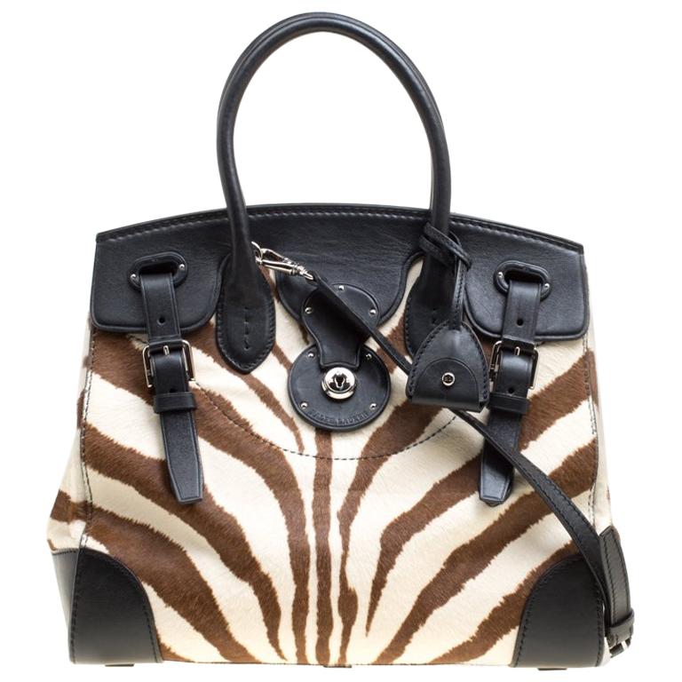 Ralph Lauren Black Zebra Print Pony Hair and Leather Ricky Tote For ...