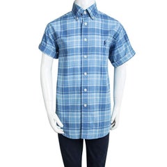 Ralph Lauren Blue Checked Cotton Short Sleeve Buttondown Shirt 8 Yrs
