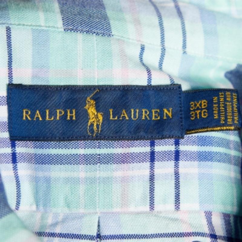Ralph Lauren Camisa de cuadros azules de algodón con botones delante 3XB/3XL en Bueno estado para la venta en Dubai, Al Qouz 2