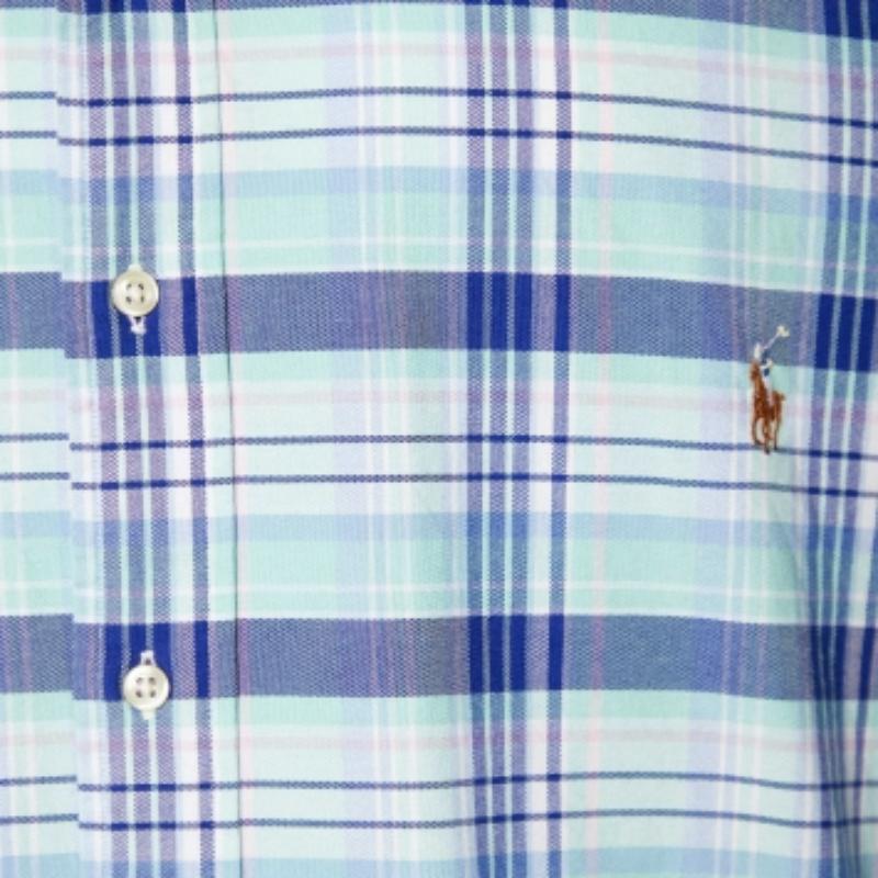 Ralph Lauren Camisa de cuadros azules de algodón con botones delante 3XB/3XL en venta 1