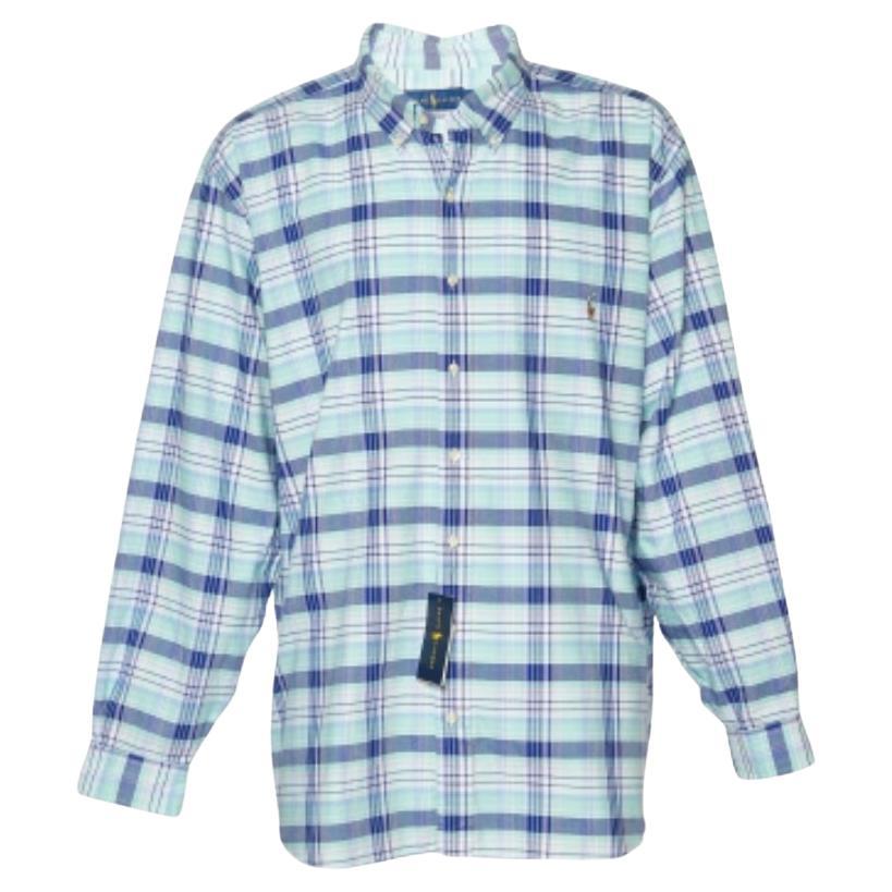 Ralph Lauren Camisa de cuadros azules de algodón con botones delante 3XB/3XL en venta