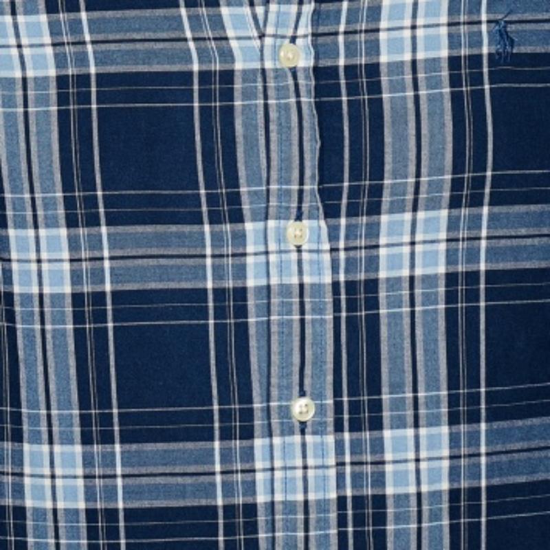 Ralph Lauren Camisa de cuadros azules de algodón con botones delante L Gris